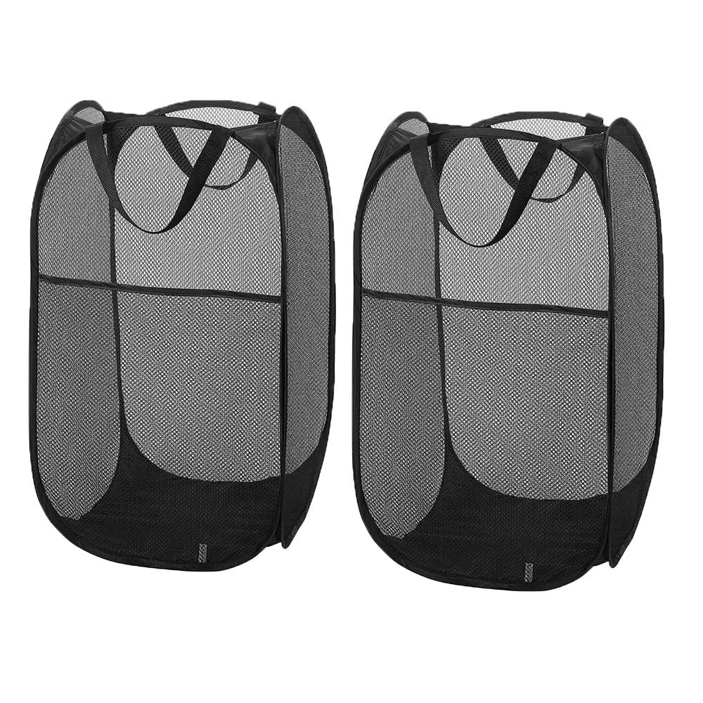 Larpur Popup Mesh Laundry Basket, Collapsible And Portable Clothes Washing Laundry Hamper With Reinforced Carry Handle (Black *2