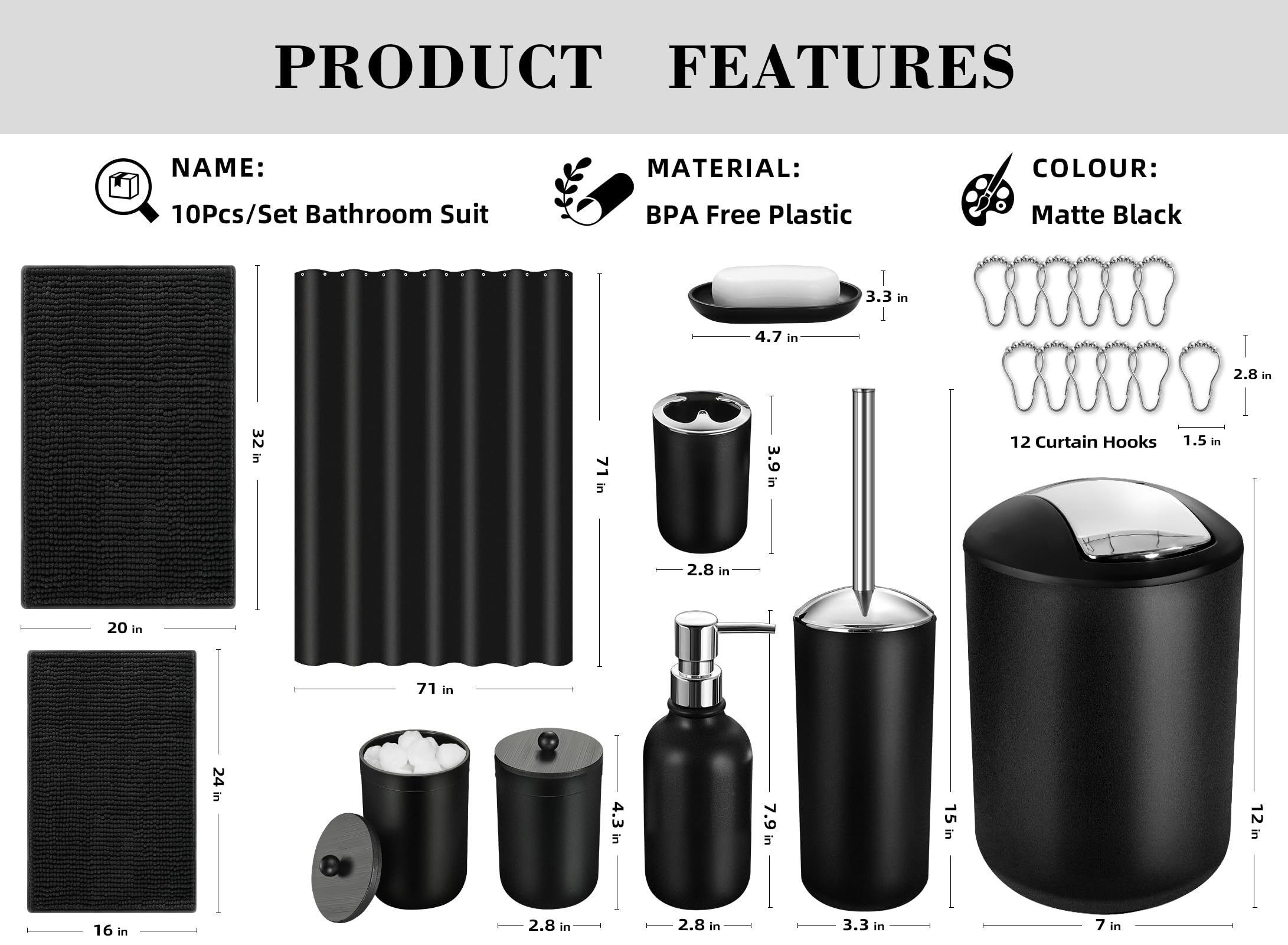 Alpiriral Black Bathroom Accessories Set, 22Pcs Bathroom Sets With Shower Curtain And Rugs, Bathroom Accessories Sets Complete W
