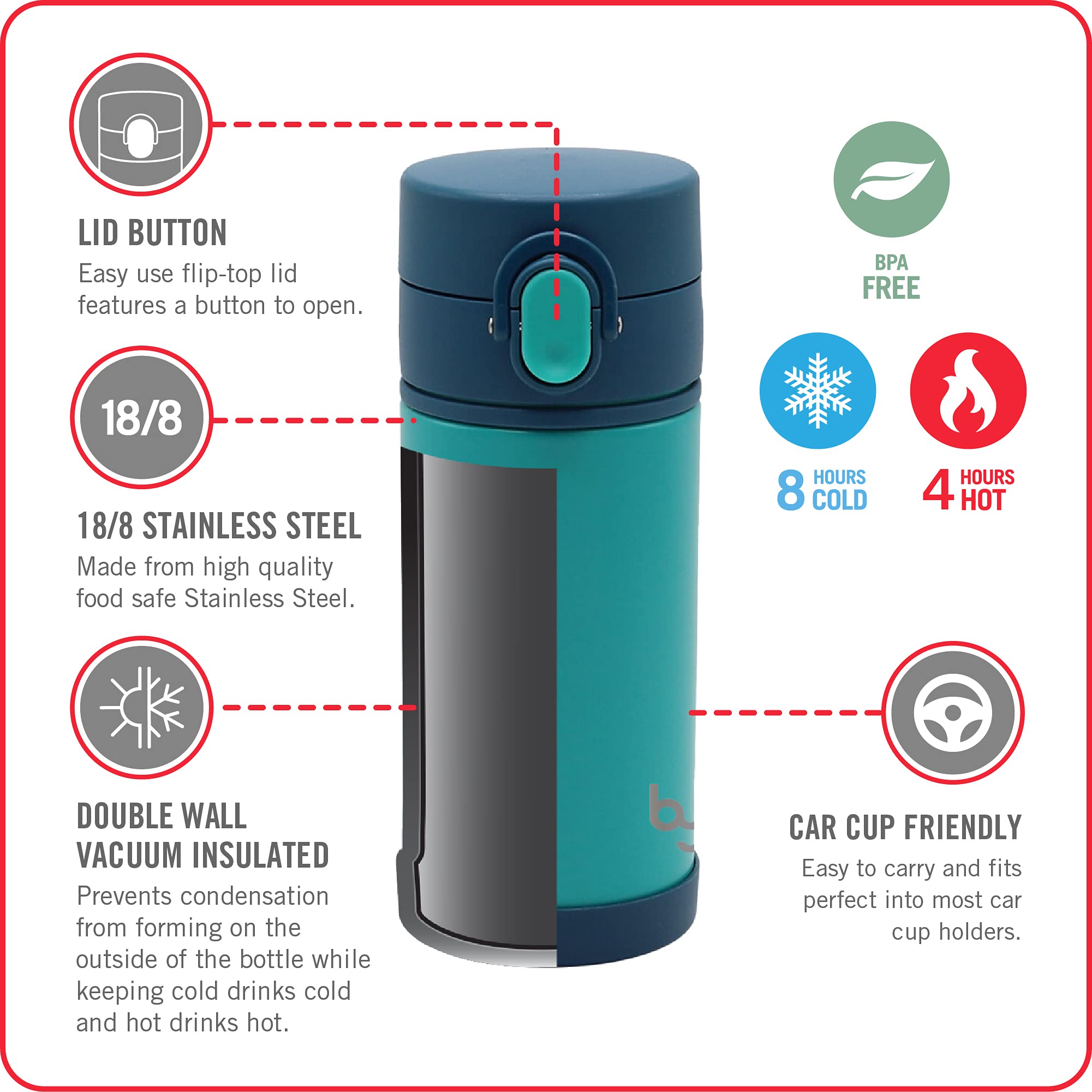 Byo Double Walled Dash Water Bottle, 12-Ounce, Teal