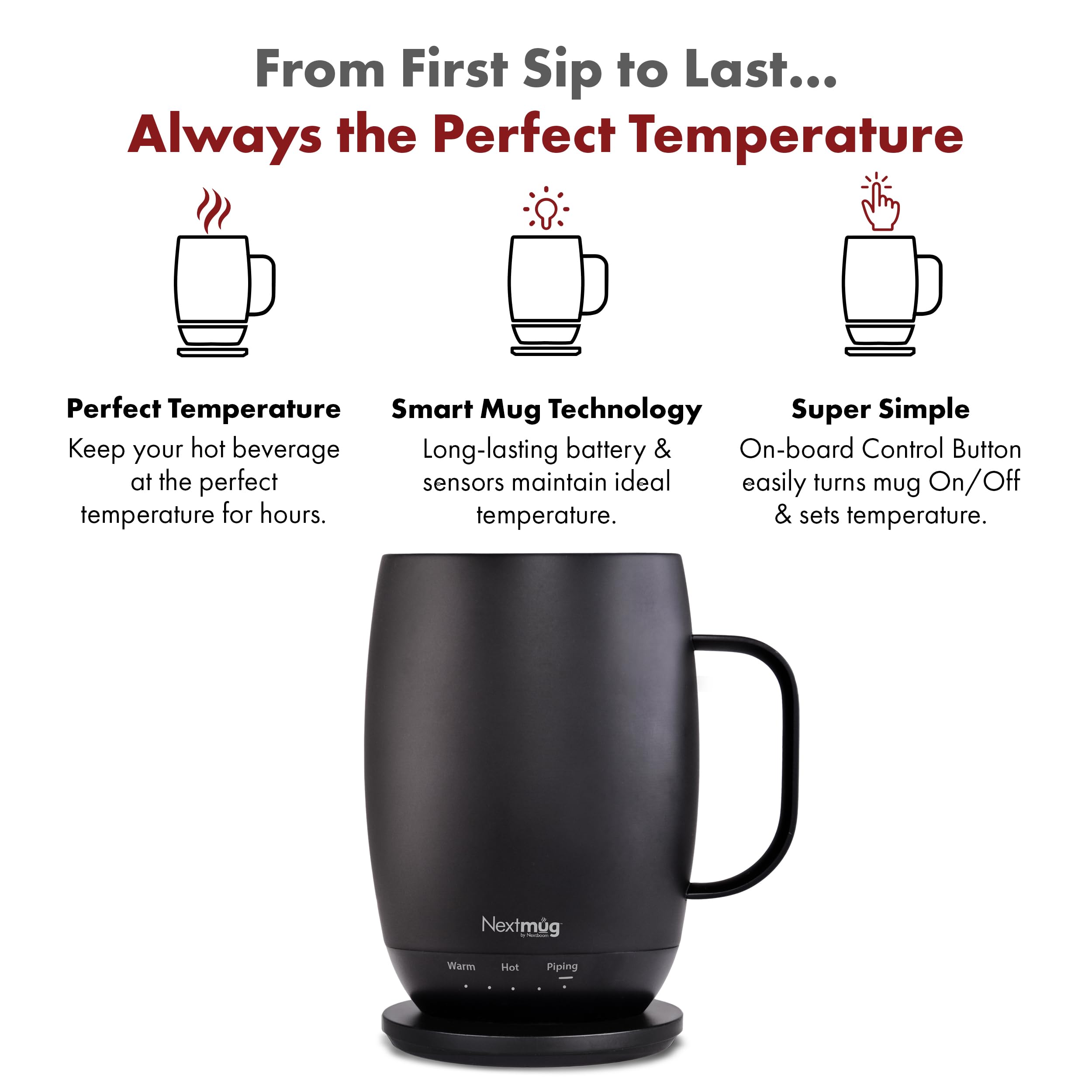 Nextmug Plus - Temperature-Controlled, Self-Heating Coffee Mug (Black - 18 Oz.)