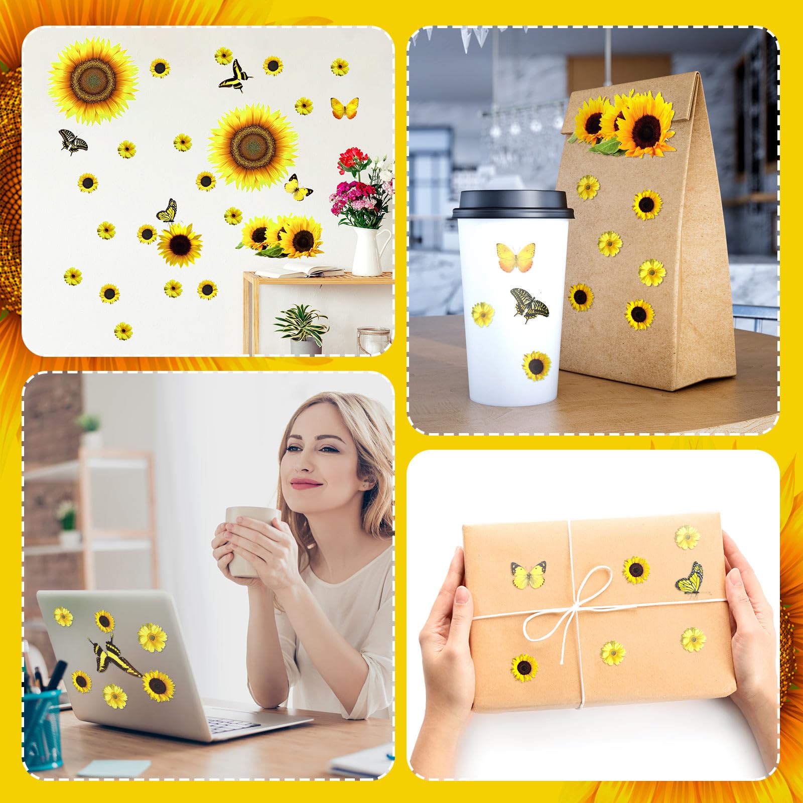 53 Pcs Sunflower Daisy Wall Decals Butterfly Wall Stickers, Waterproof Sunflower Decals, Sunflower Wall Decor, Flower Mural Stic