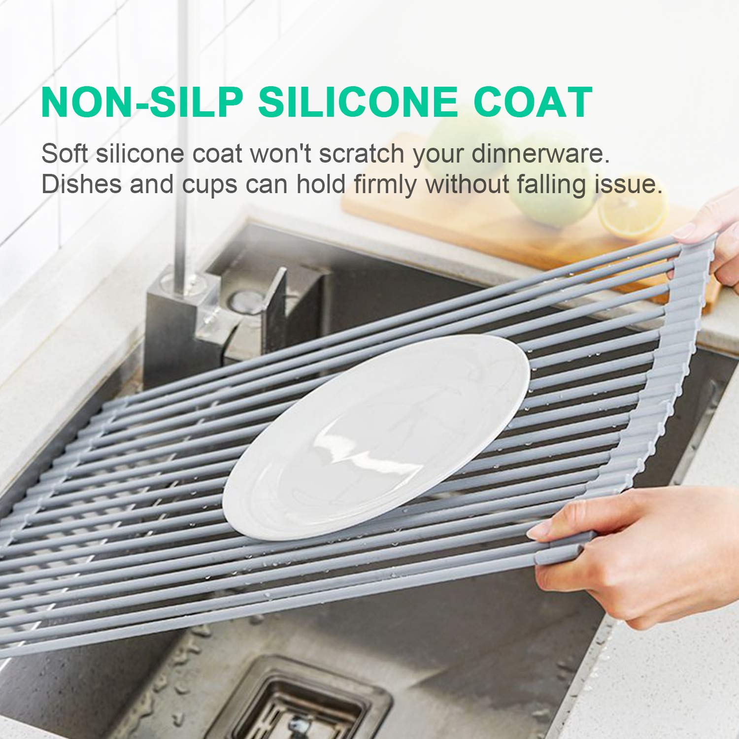 Tbmax Roll Up Dish Drying Rack, Food-Grade Silicone-Coated Stainless Steel Over The Sink Rack, Heavy Duty Roll Up Sink Drying Ra