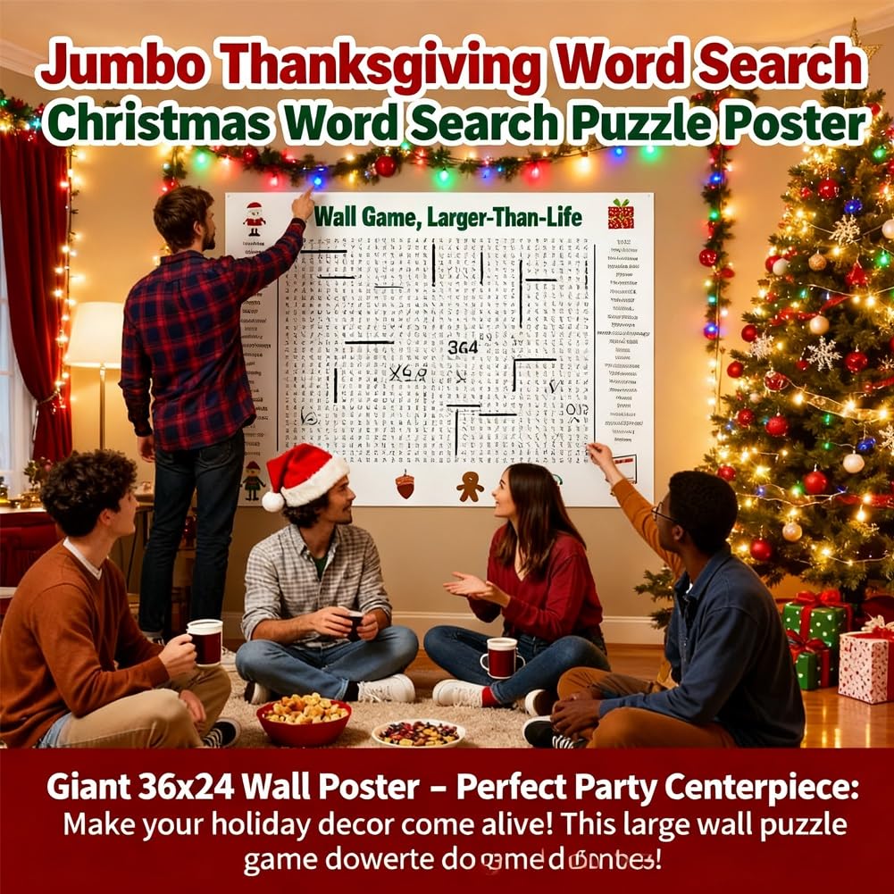 BLOCKv Jumbo Thanksgiving Word Search Poster, Giant 36x24 Wall Game for Families, Interactive Holiday Activity Poster for Thanks