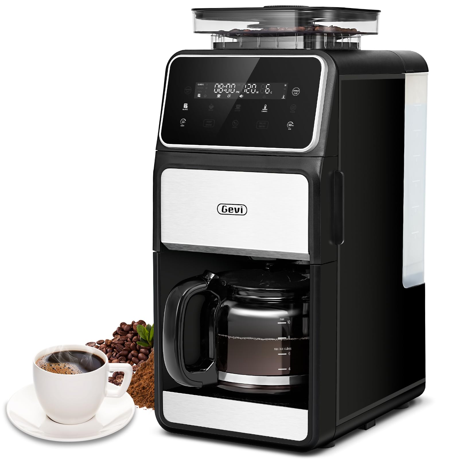 Gevi 10-Cup Grind & Brew Coffee Maker with Built-in Burr Grinder - Programmable Touch Screen, 4-Hour Keep Warm, Permanent Filter