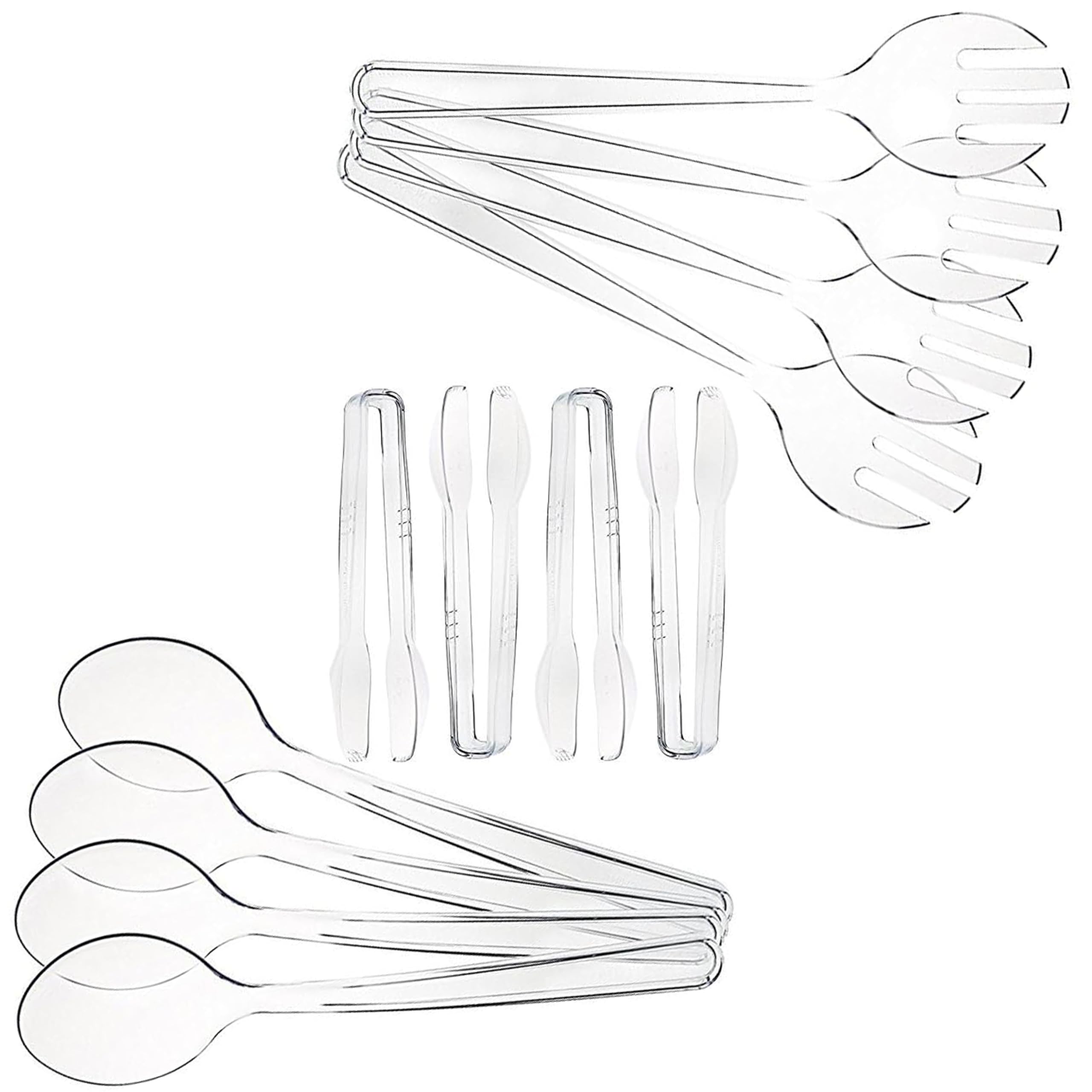 Set Of 12 Heavy Duty Disposable Plastic Serving Utensils! Four 10    Spoons And Forks, Four 6-1/2    Tongs! Clear Serving Sets P
