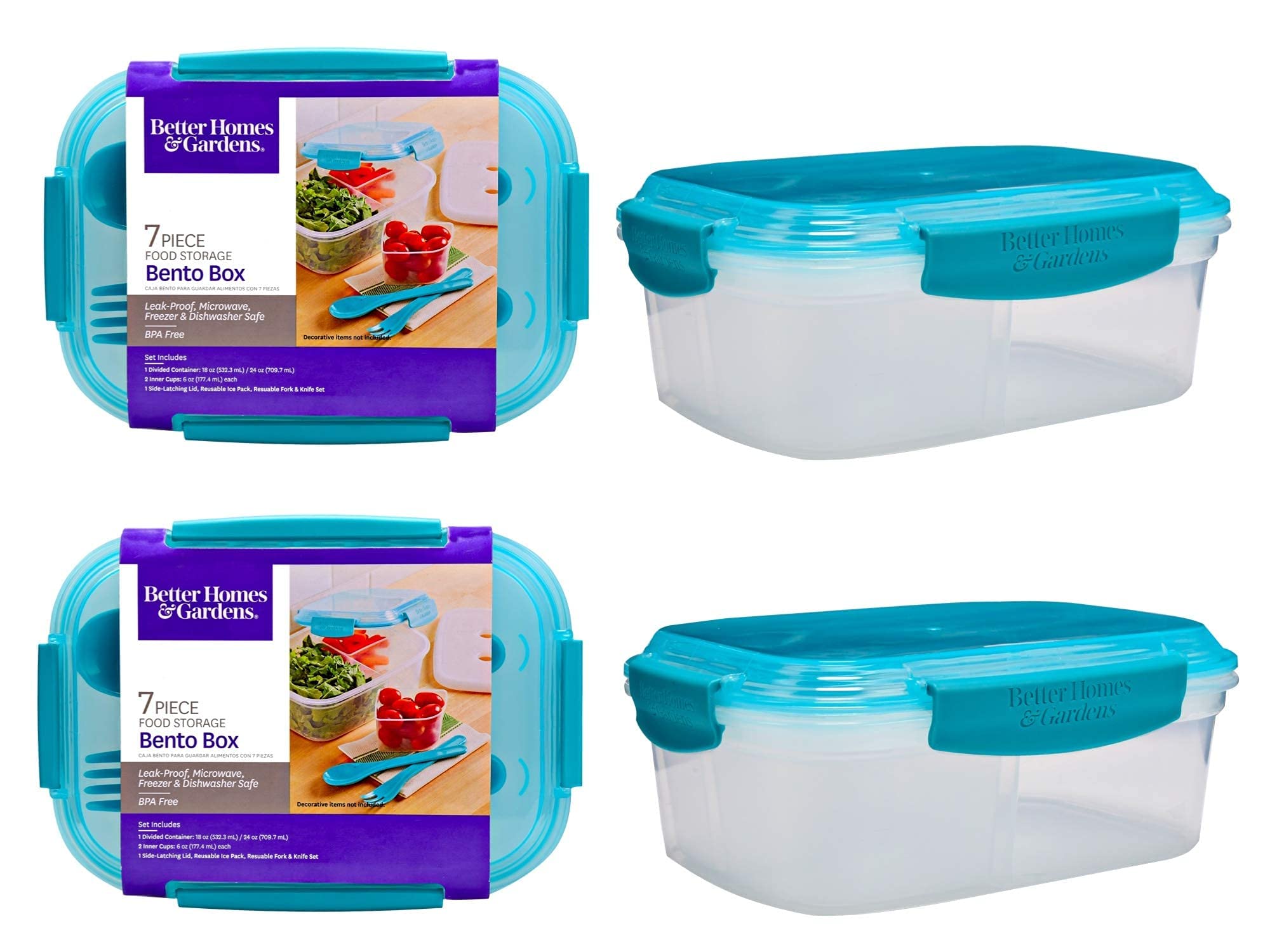 Bento Box 7 Piece (2 Boxes, 8.7 X 6.5 X 3.5 In) Food Storage, Aqua Clear Reusable Dishwasher Microwavable Bpa Free