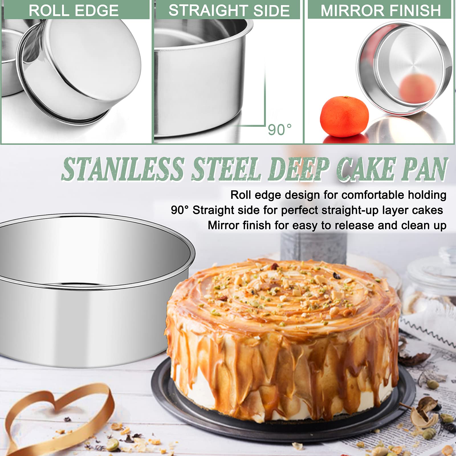 9 X 3 Inch Round Cake Pans, E-Far Stainless Steel Deep Cake Baking Pan For Layer Cake Chiffon Cheesecake, Healthy Metal Cake Tin