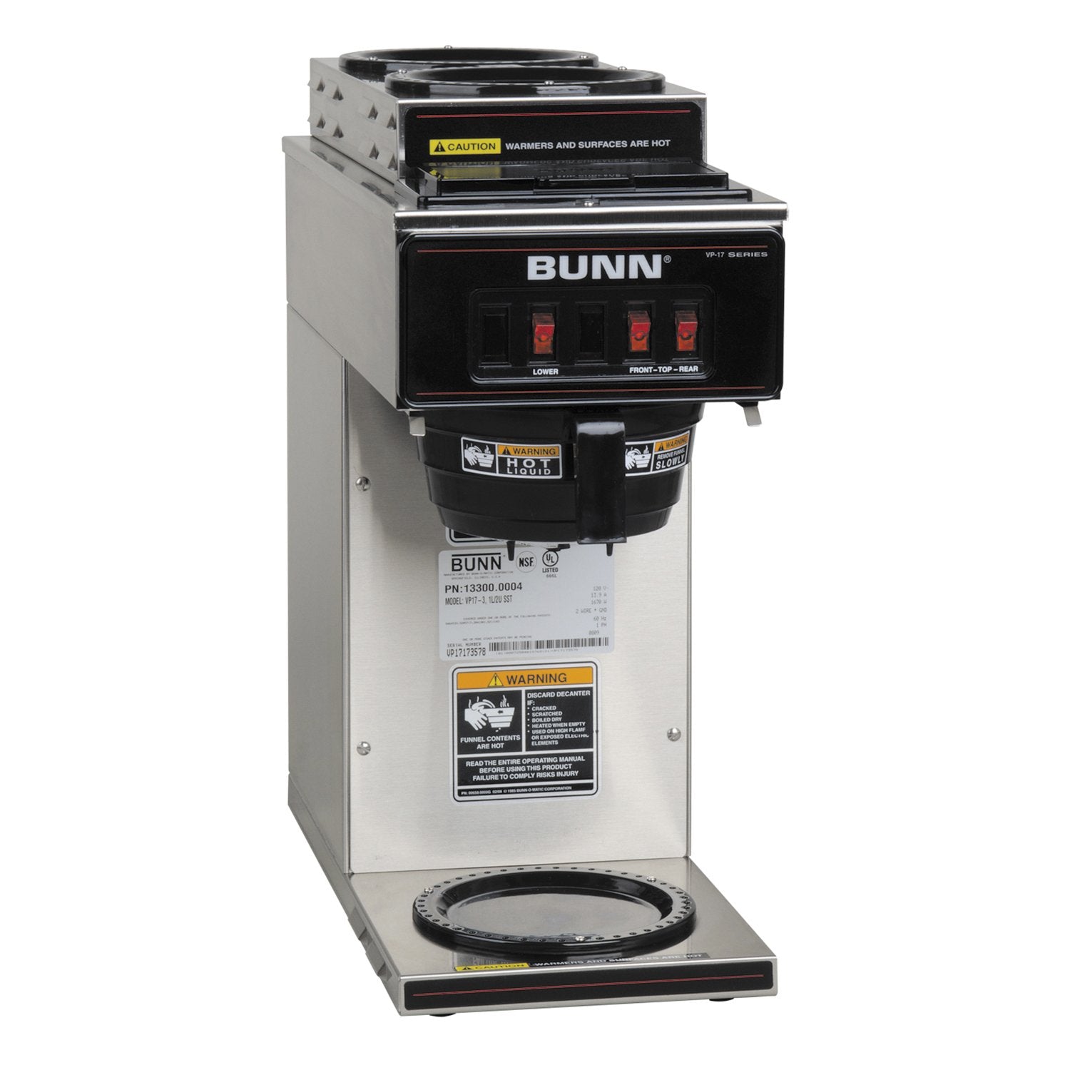 Bunn 13300.0004 Vp17-3Ss2U Pourover Commercial Coffee Brewer With One Lower And Two Upper Warmers, Stainless Steel