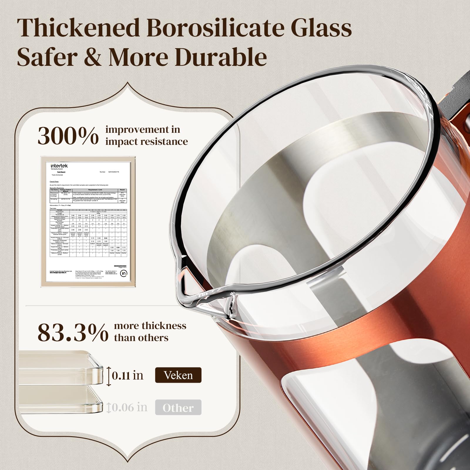 Veken French Press Coffee Maker 34oz 1 L, No Plastic Touching Cafe, Heat Resistant Thickened Borosilicate Glass, Stainless Steel