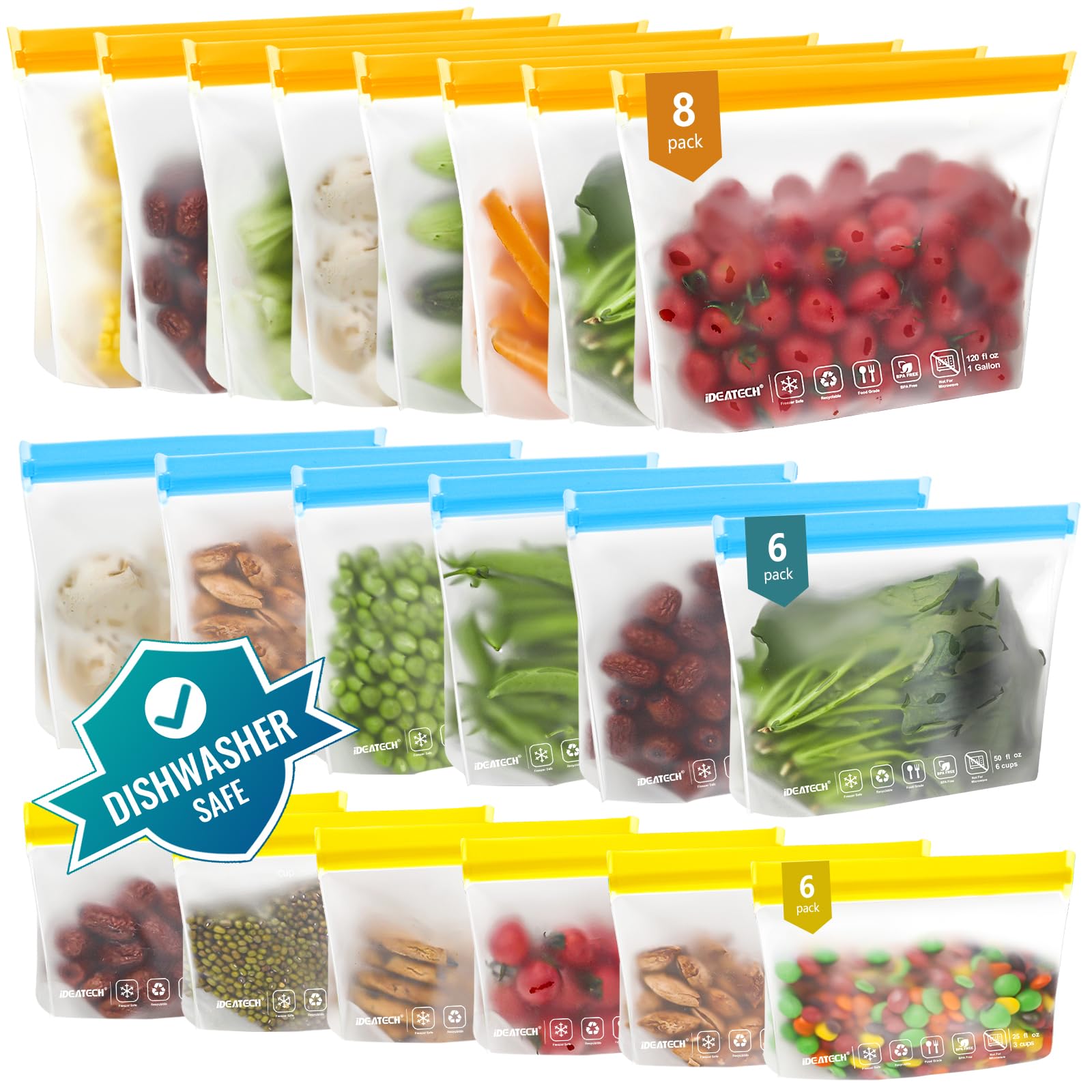 Ideatech Reusable Food Storage Bags Washable, 20Pack Reusable Freezer Bags, Bpa Free Reusable Ziplock Various Size, Plastic Free