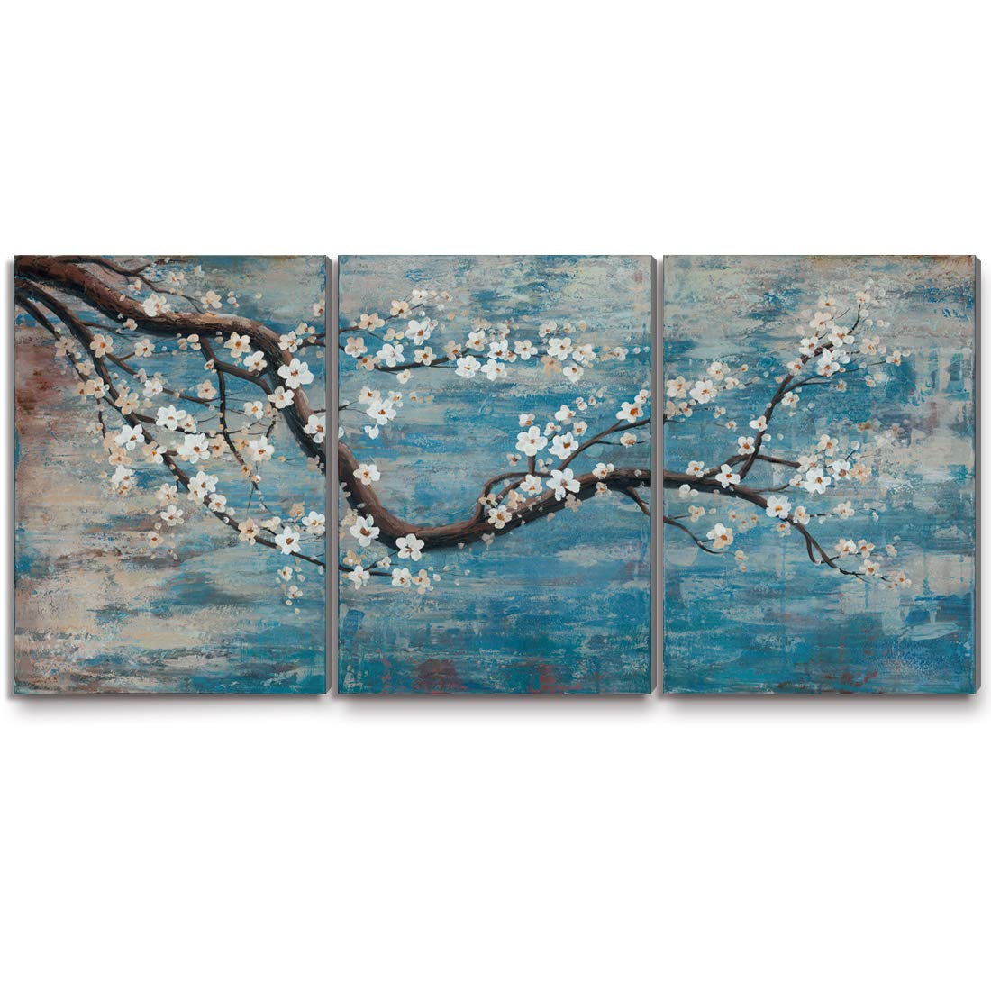 Extra Large Wall Art for Living Room 100% Hand-Painted Framed Decorative Floral Oil Painting Set Decorative Modern Blue Tree Artwork Ready to Hang 72''x36''