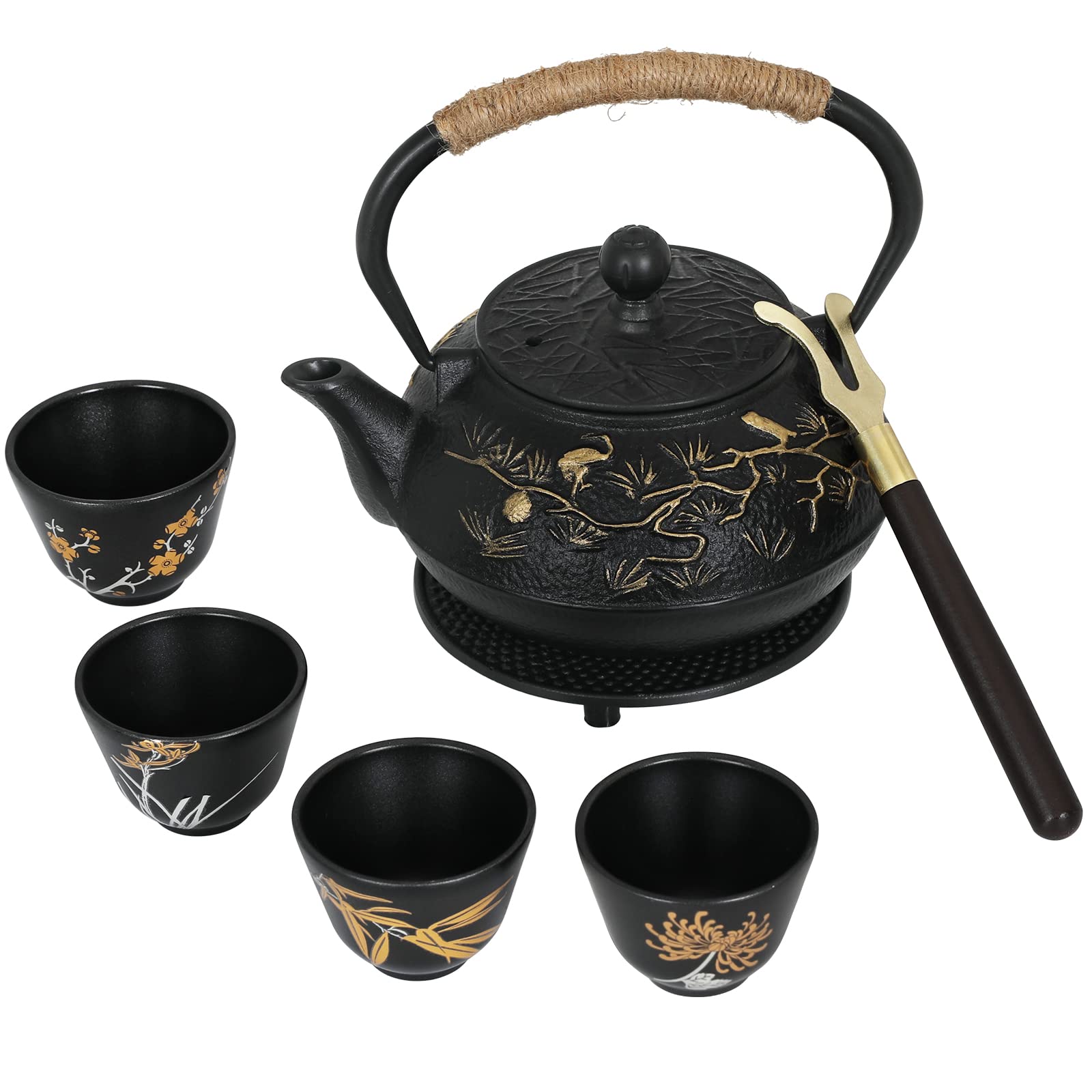 Rekrang Longevity Crane Cast Iron Teapot Set Japanese Style Tetsubin Tea Kettle Set With 4 Cups,Removable Infuser And Trivet,Ant