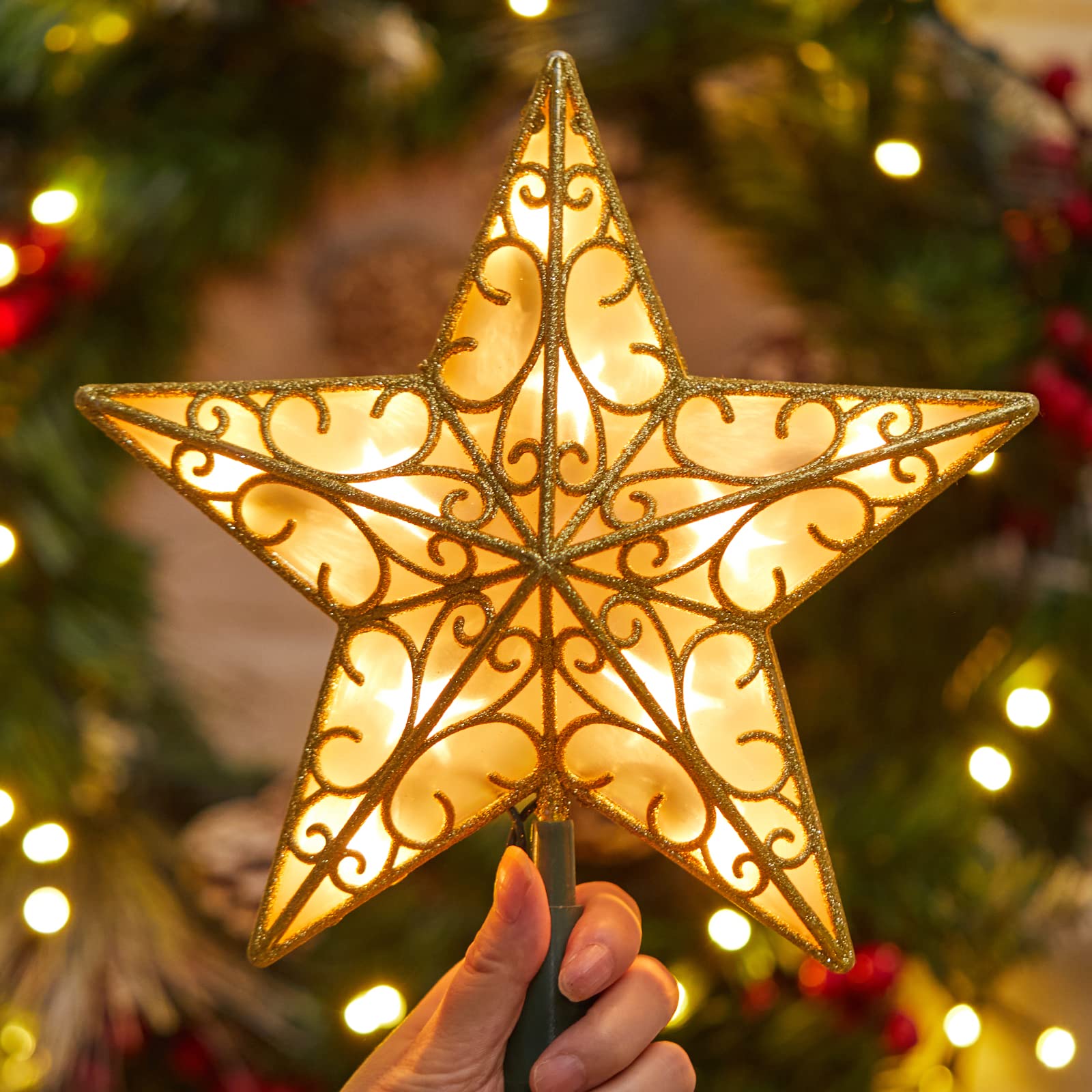 Christmas Star Tree Topper, Plug in Sliver Glittered 3D Star Tree Topper, Metal Hollow Designed Built-in 10 Bulbs String Lights 