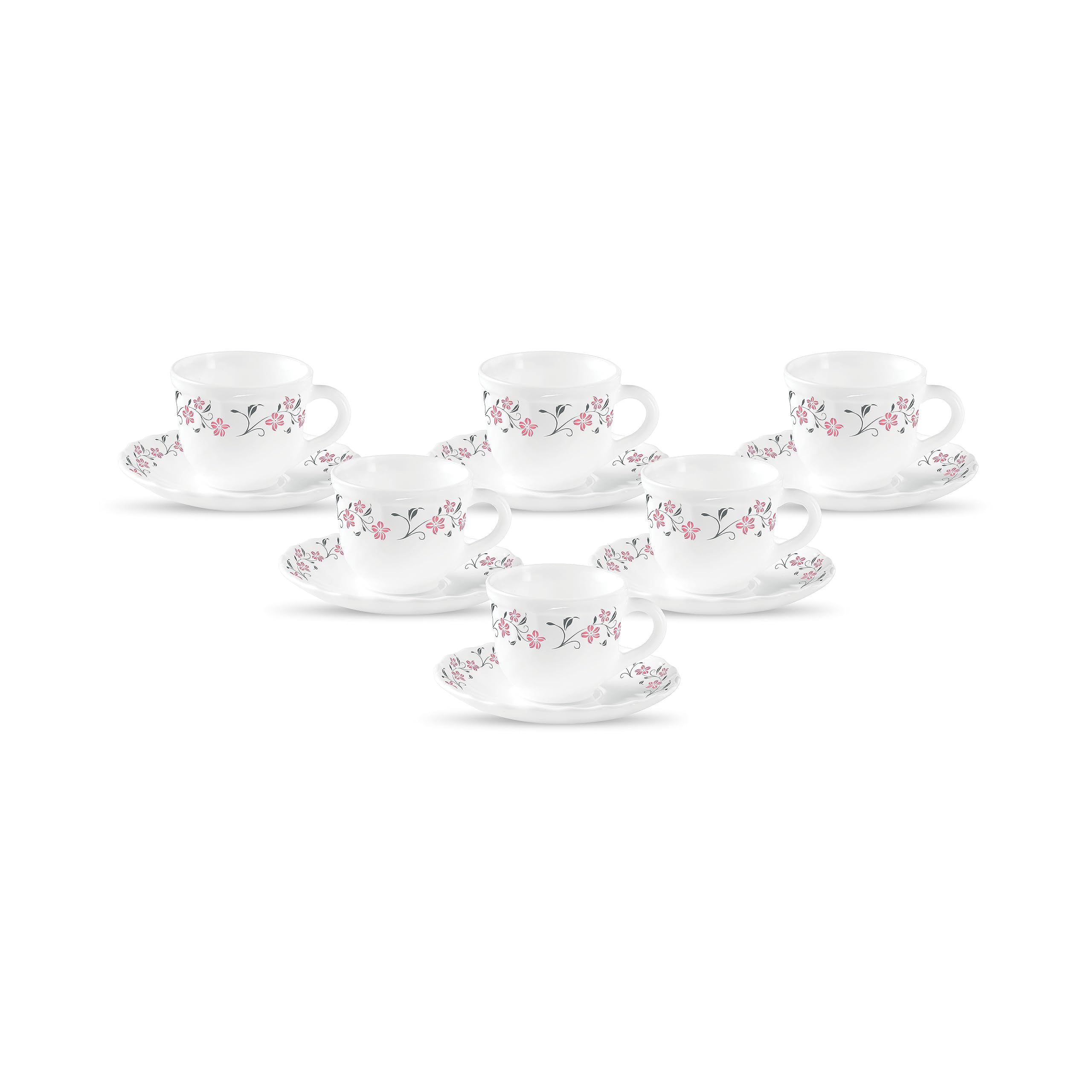 La Opala Diva, Opal Glass Crockery | Cup & Saucer Tulip Large, Set Of 12 | Grace Red, 220 Ml | For Tea & Coffee | Microwave Safe