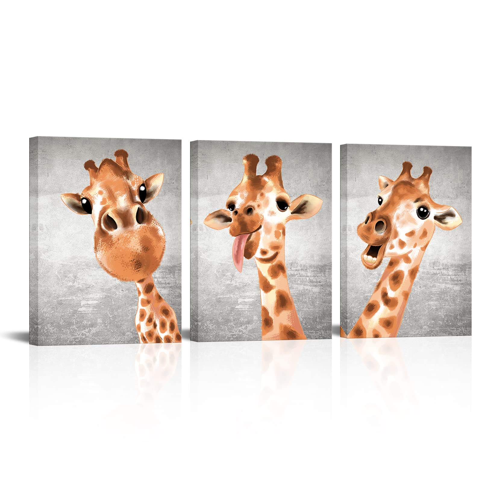 Vvovv Wall Decor Giraffe Decor Picture Animal Wall Art Funny Nursery Wall Decor Framed Ready To Hang, 12Inx16Inx3Pieces