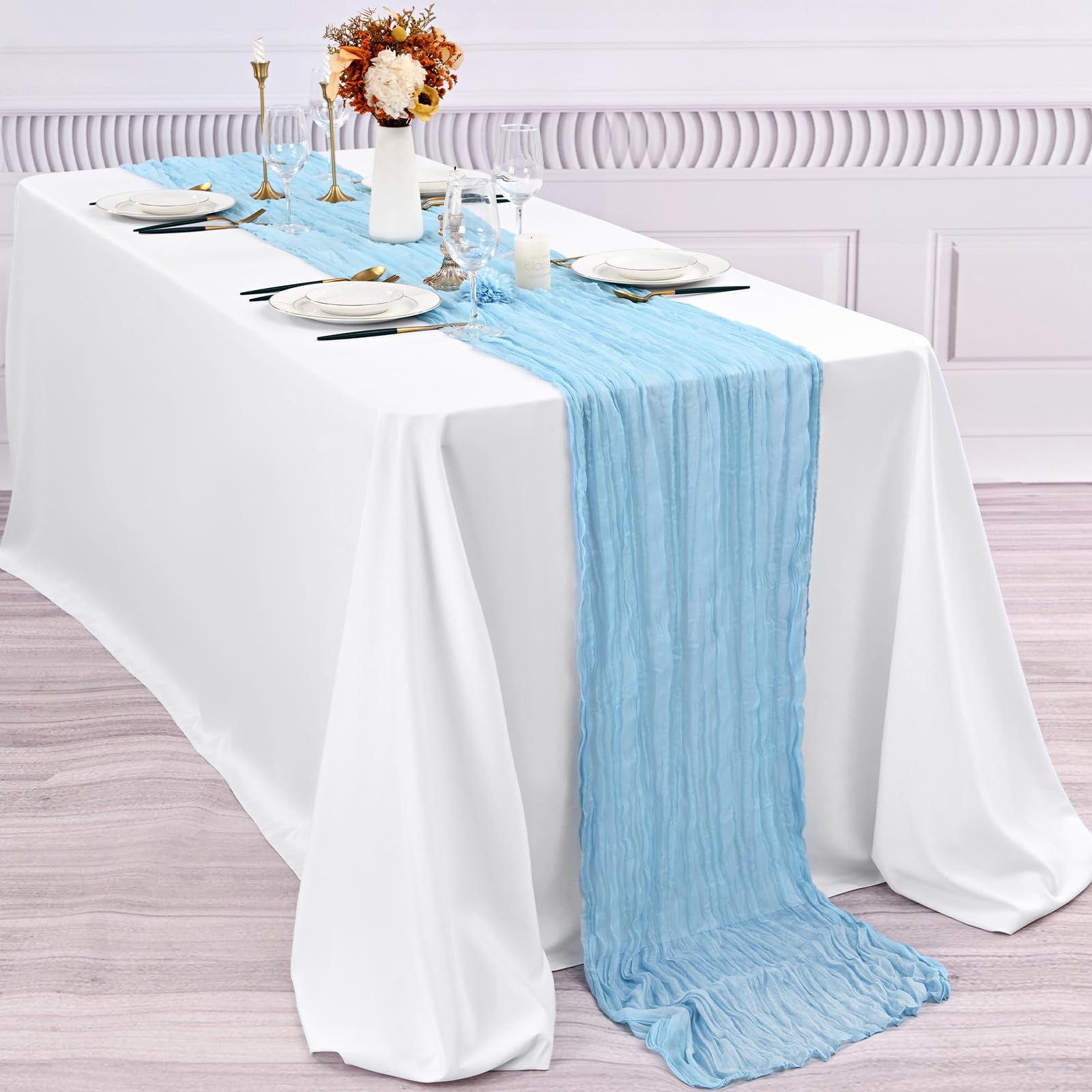 10 Pcs Baby Blue Cheesecloth Table Runner 10Ft, Gauze Table Runner For Wedding Reception Sheer Bridal Shower Birthday Party Boho