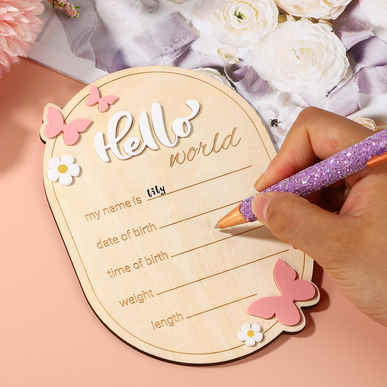 Wooden Baby Birth Announcement Sign, Hello World Newborn Name Signs Daisy & Butterfly Welcome Baby Arrival Plaque for Hospital N
