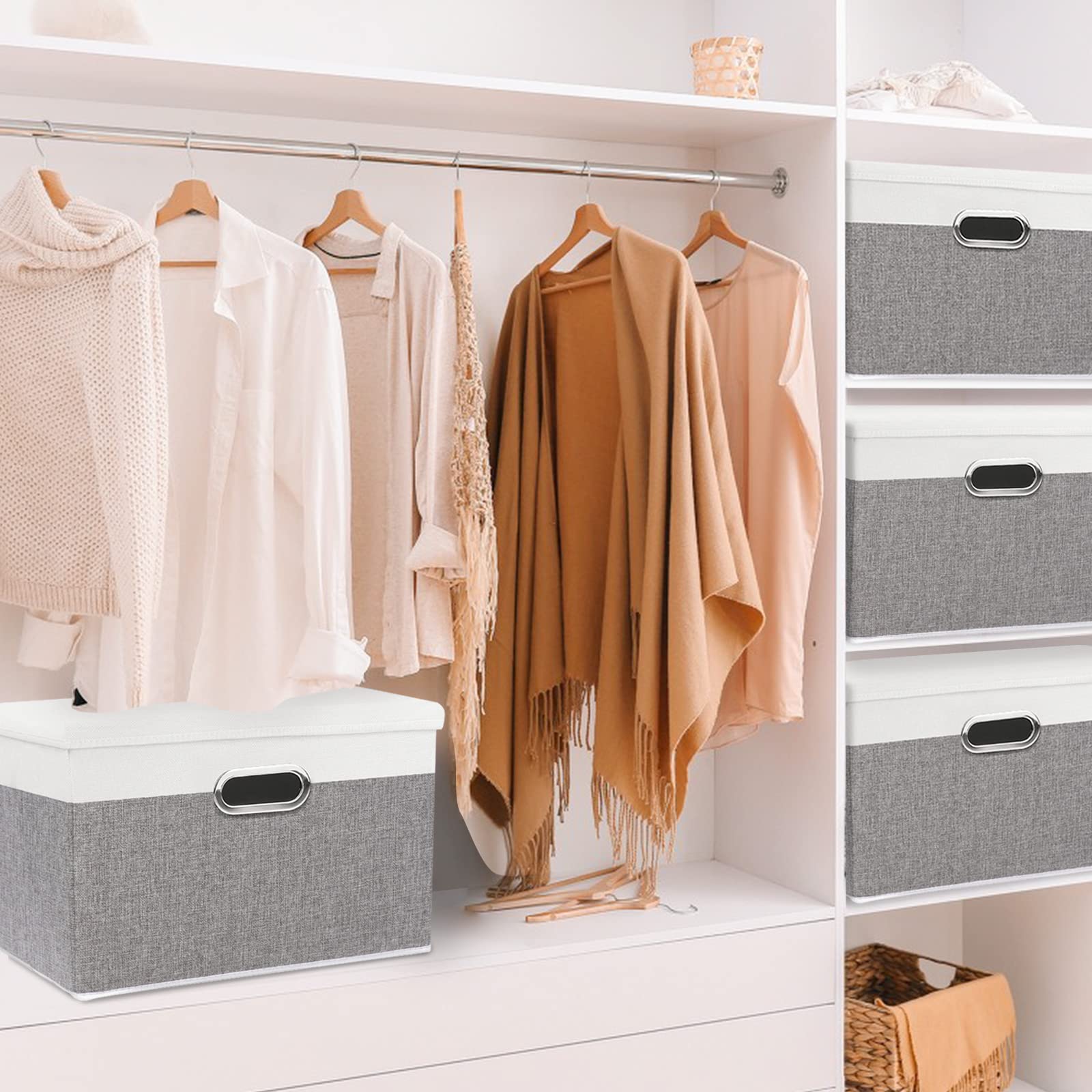 Yawinhe Collapsible Storage Box (5-Pack) 15x9.8x9.8in Waterproof Storage Basket Bins  with Lids and 2 Handles  for Clothes  Closet Organizers and Storage Containers  White/Gray  USNK066WGL-5