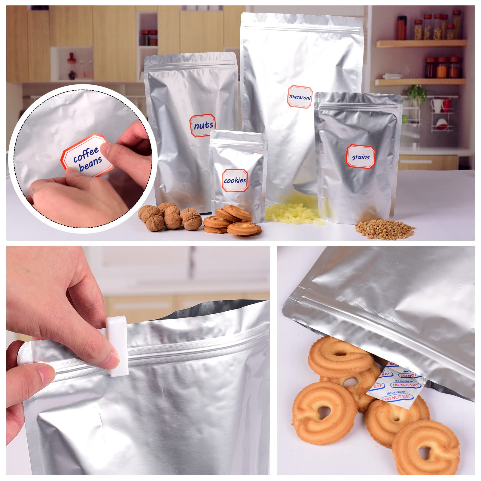 120 Mylar Bags for Food Storage with Oxygen Absorbers 300cc  8 Mil 1Gallon 10''x14''  7.5''x11.5''  6''x9''  4.3''x6.3'' Stand-Up Zipper Resealable Bags & Heat Sealable Food Storage Bags + Labels