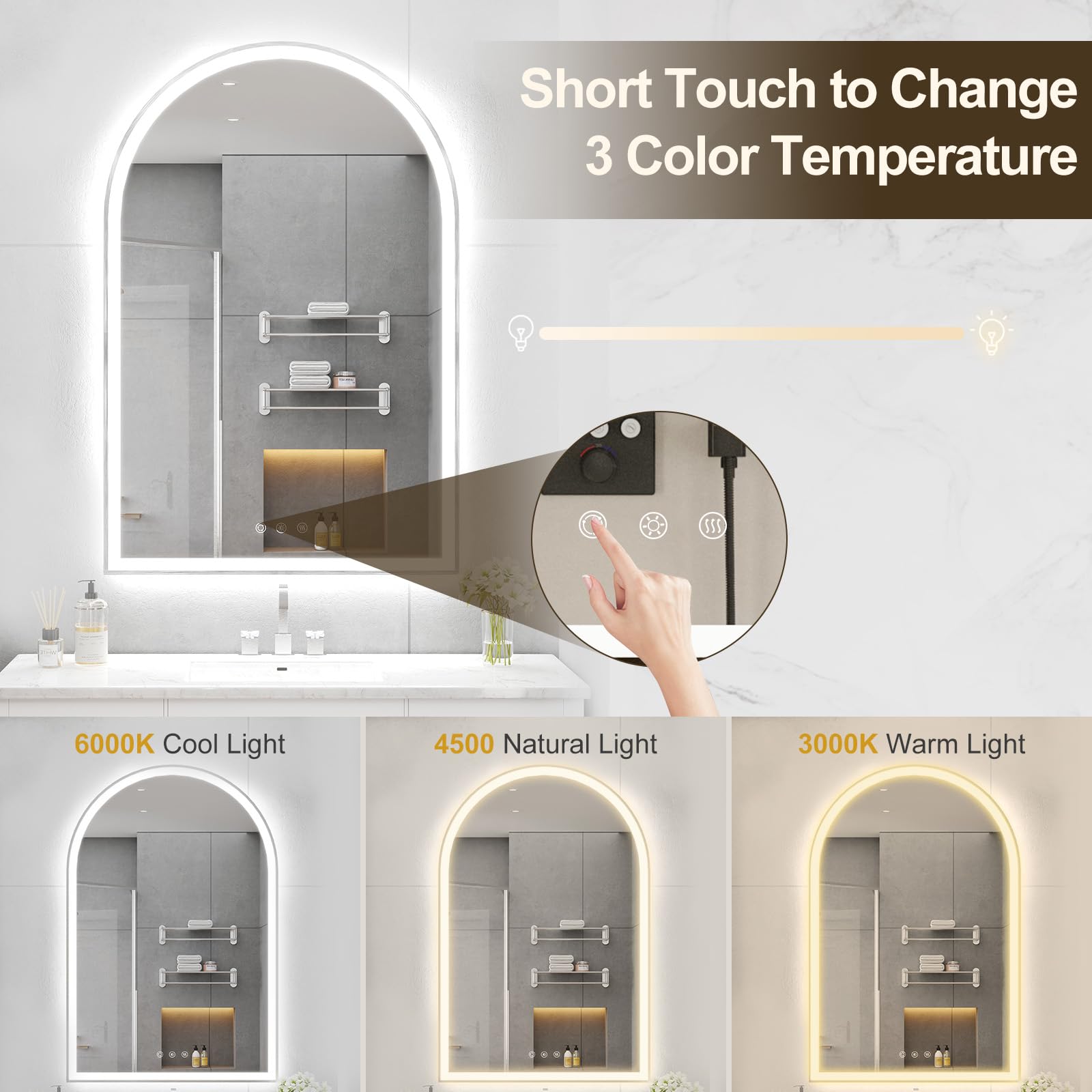 Oumusu Arched Led Bathroom Mirror 24''X36'' With Front And Backlight, Brushed Nickel Bathroom Mirror With Lights-Anti-Fog, Dimma