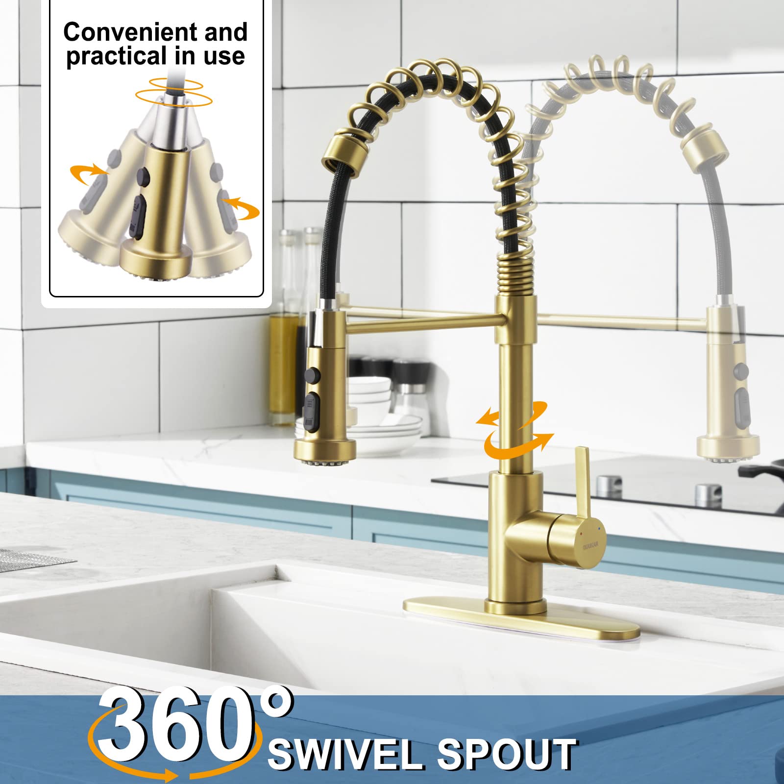Guukar Gold Kitchen Faucet With Pull Down Sprayer, Single Handle Brushed Gold Faucet For Kitchen Sink, Commercial Farmhouse Kitc