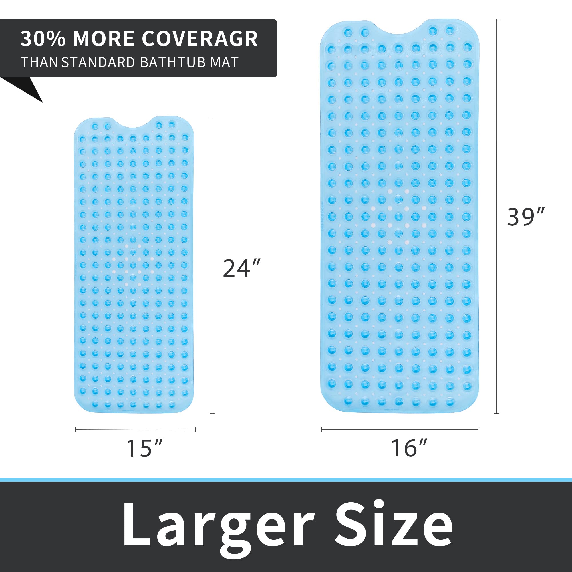 ROSMARUS Shower Mat Extra Long 16? x 39? Non-Slip Bath Mat for Tub with Suction Cups and Drain Holes Bathtub Mats for Kids  Baby  Bathroom Shower Floor Mat Anti Slip Bathtub Accessories  Blue