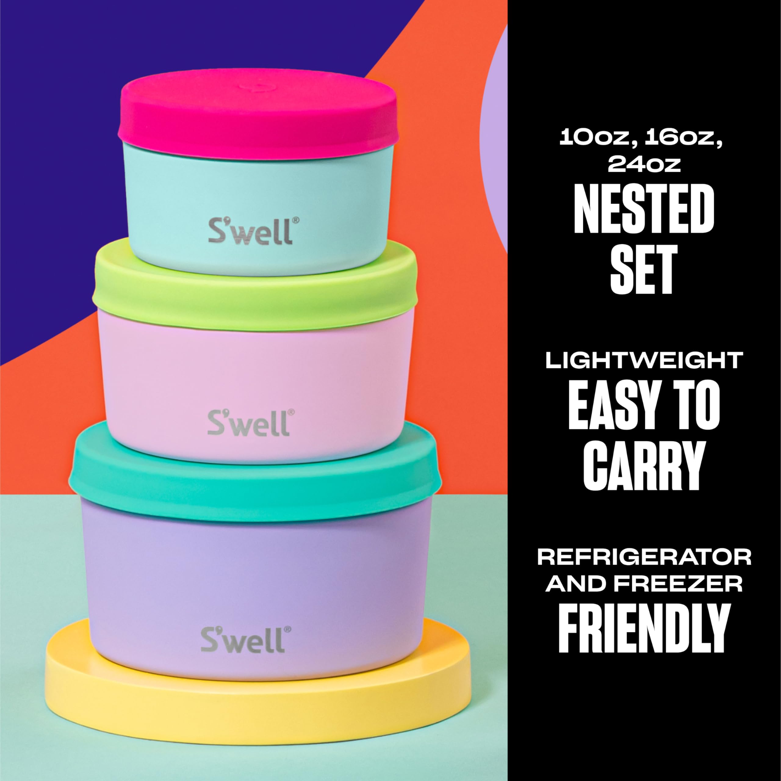 S'Well Stainless Steel Food Canister Set Of Three, 10Oz, 16Oz, And 24Oz, Pastel Paradise, Single Walled Durable Construction, Bp