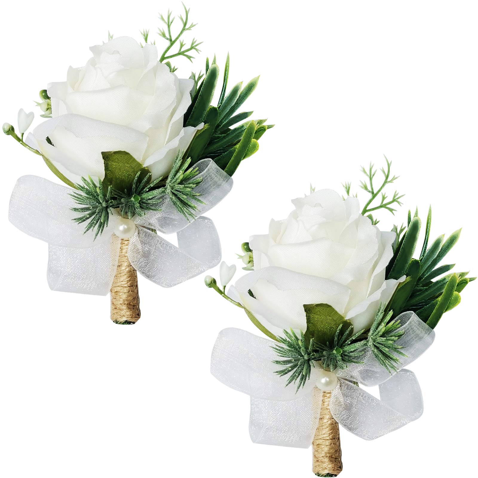 WEIERYUE White Rose Wrist Flowers and Mens Corsage Wedding Flowers Ceremony,2Pcs Boutonniere Buttonholes and Wrist Corsage Wris