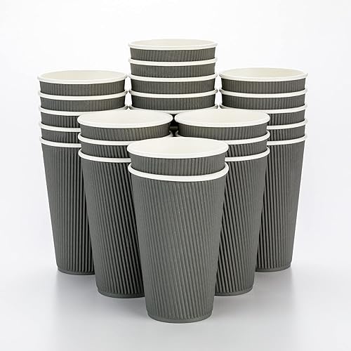 500-CT Disposable Gray 16-OZ Hot Beverage Cups with Ripple Wall Design: No Need for Sleeves - Perfect for Cafes - Eco-Friendly Recyclable Paper - Insulated - Wholesale Takeout Coffee Cup