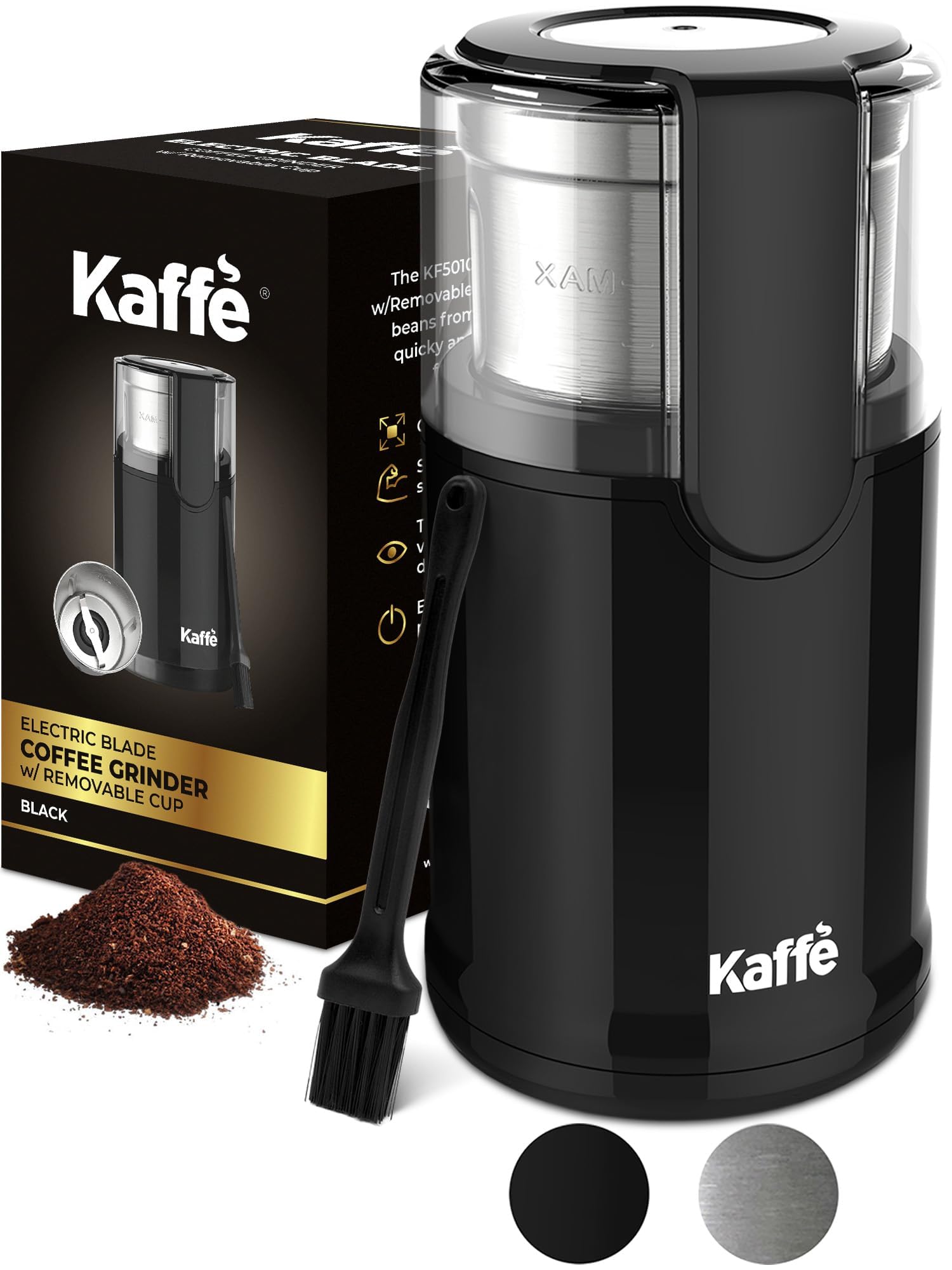 Kaffe Electric Coffee Grinder with Removable Cup (3.5oz) - Stainless Steel - Cleaning Brush Included - Espresso Coffee Bean Grin