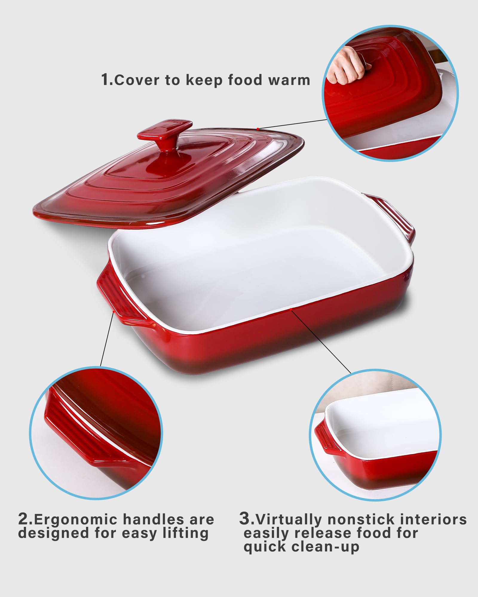 Lareina Large Ceramic Casserole Dish With Lid, 4.0 Quart Covered Rectangular Stoneware Baking Dishes For Oven, Deep 9X13 Inch La