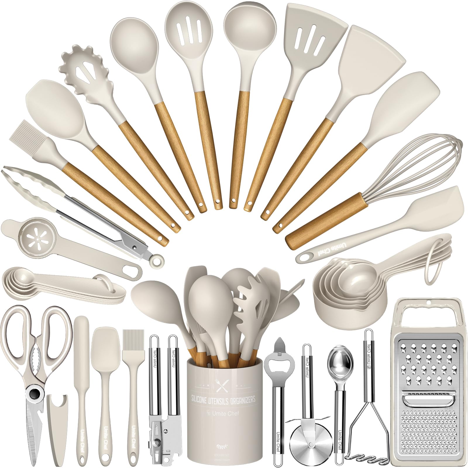 Umite Chef Silicone Kitchen Utensil Set, 34Pcs Heat Resistant Kitchen Gadgets And Tools With Grater, Wood Handles For Nonstick C