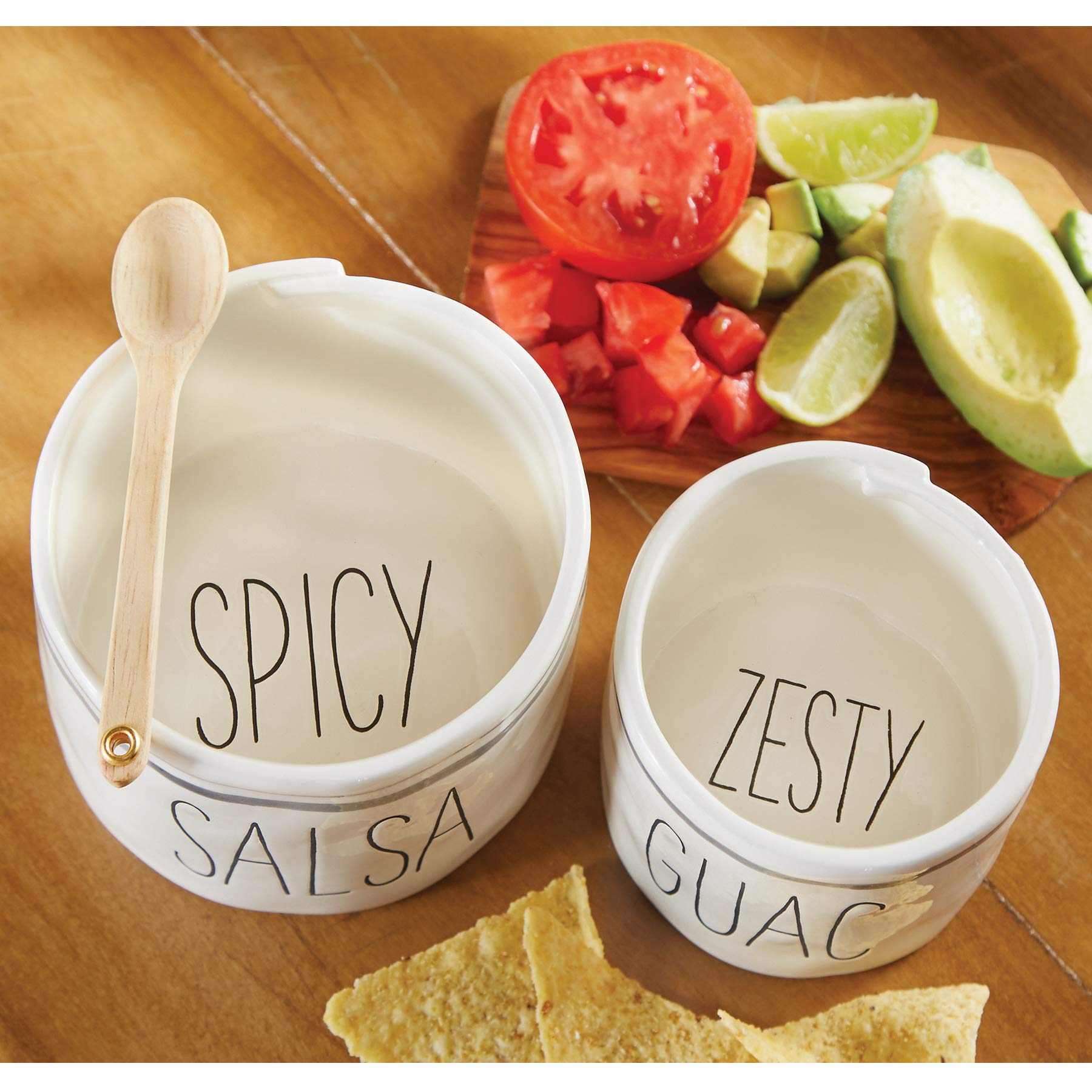 Mud Pie Salsa & Guac Bowl Set, White, Salsa 3'''' X 4 1/2'''' Dia | Guac 2 3/4'''' X 3 1/2'''' Dia | Spoon 5''''''