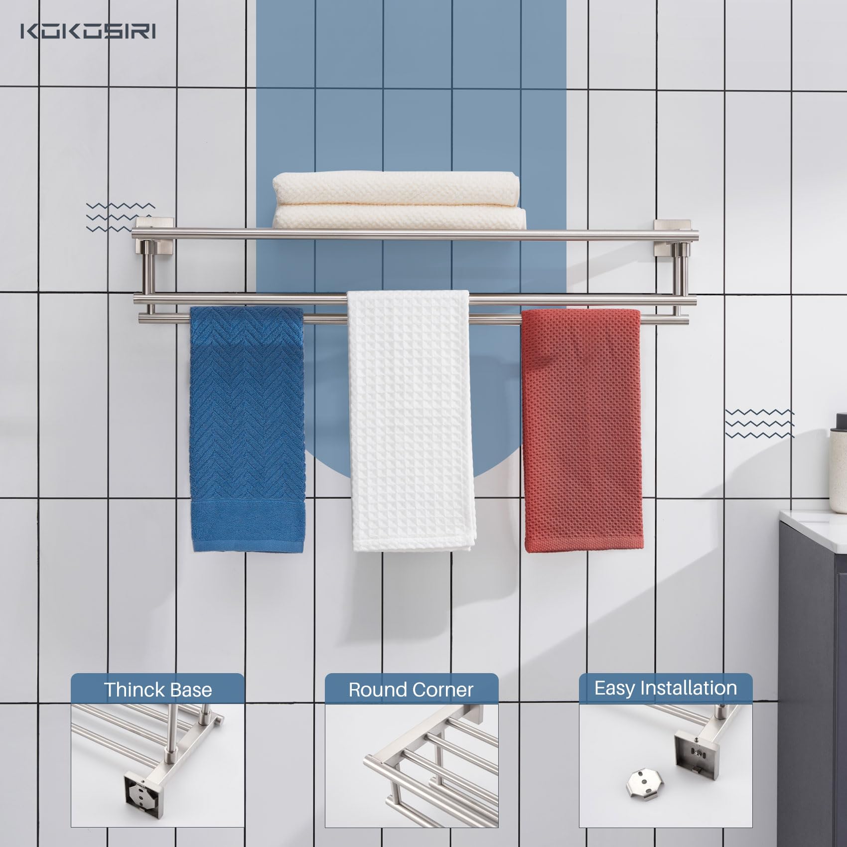 Kokosiri Towel Shelf With Double Towel Bars 32 Inches Bathroom Towel Rack Bath Towel Holder Wall Mounted Stainless Steel, Brushe