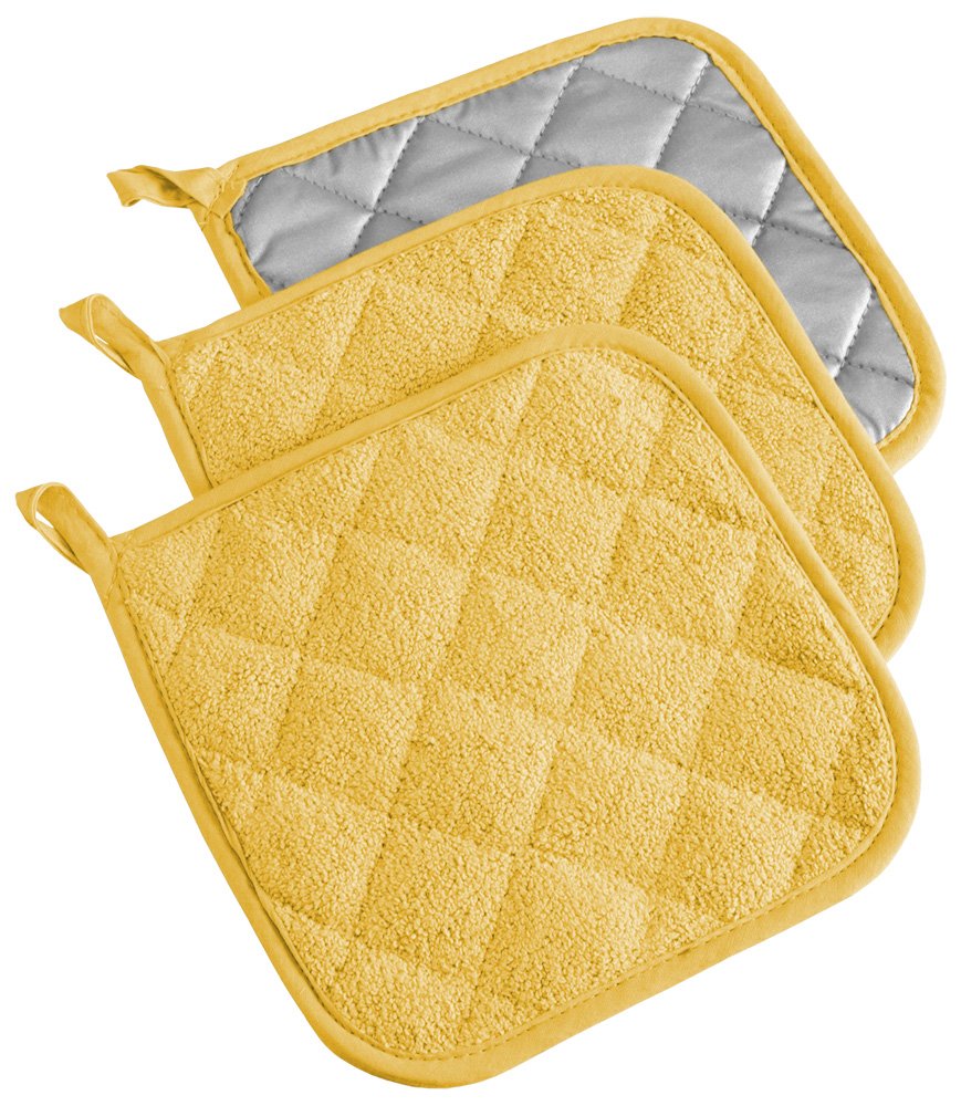 DII Basic Terry Collection Quilted 100% Cotton, Potholder, Yellow, 3 Piece