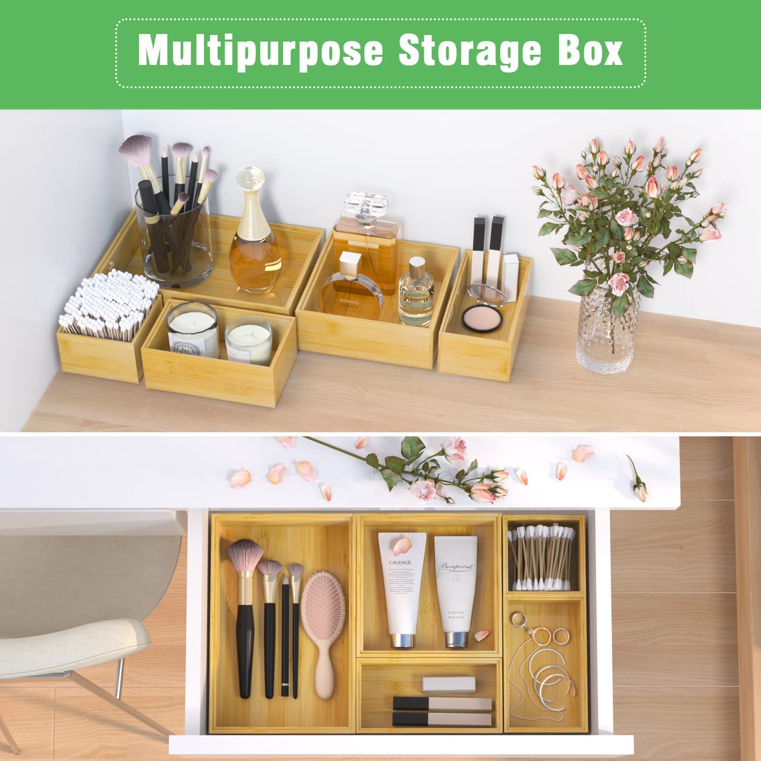 Bamboo Bathroom Drawer Organizer Dividers, Wooden Kitchen Utensil Holder Set of 5, Stackable Junk Drawer Organizer Tray, Multi-U