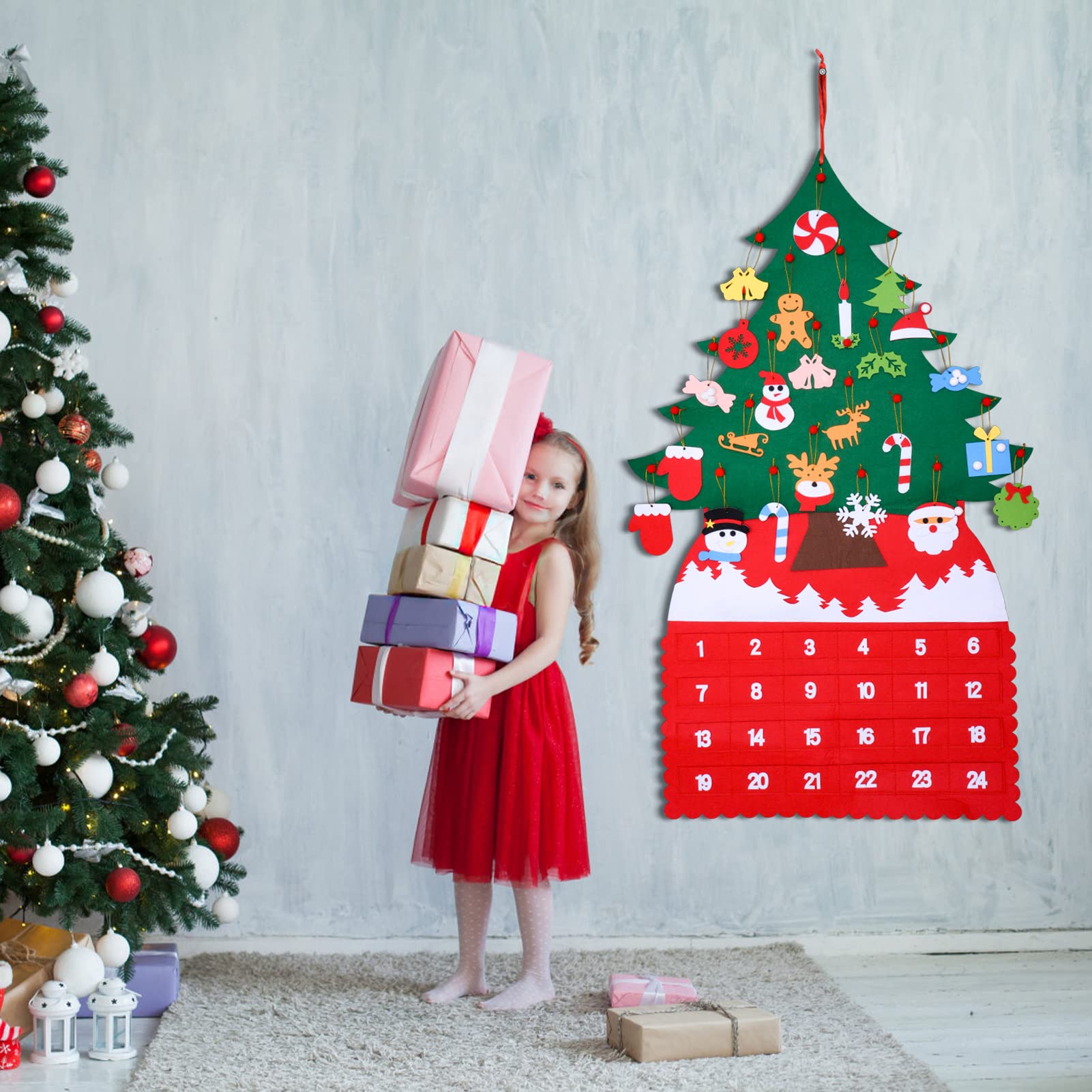 Christmas Tree Advent Calendar (2024 New), 24 Days Countdown to Christmas Felt Fabric Advent Calendar with 24 Ornaments & Pocket