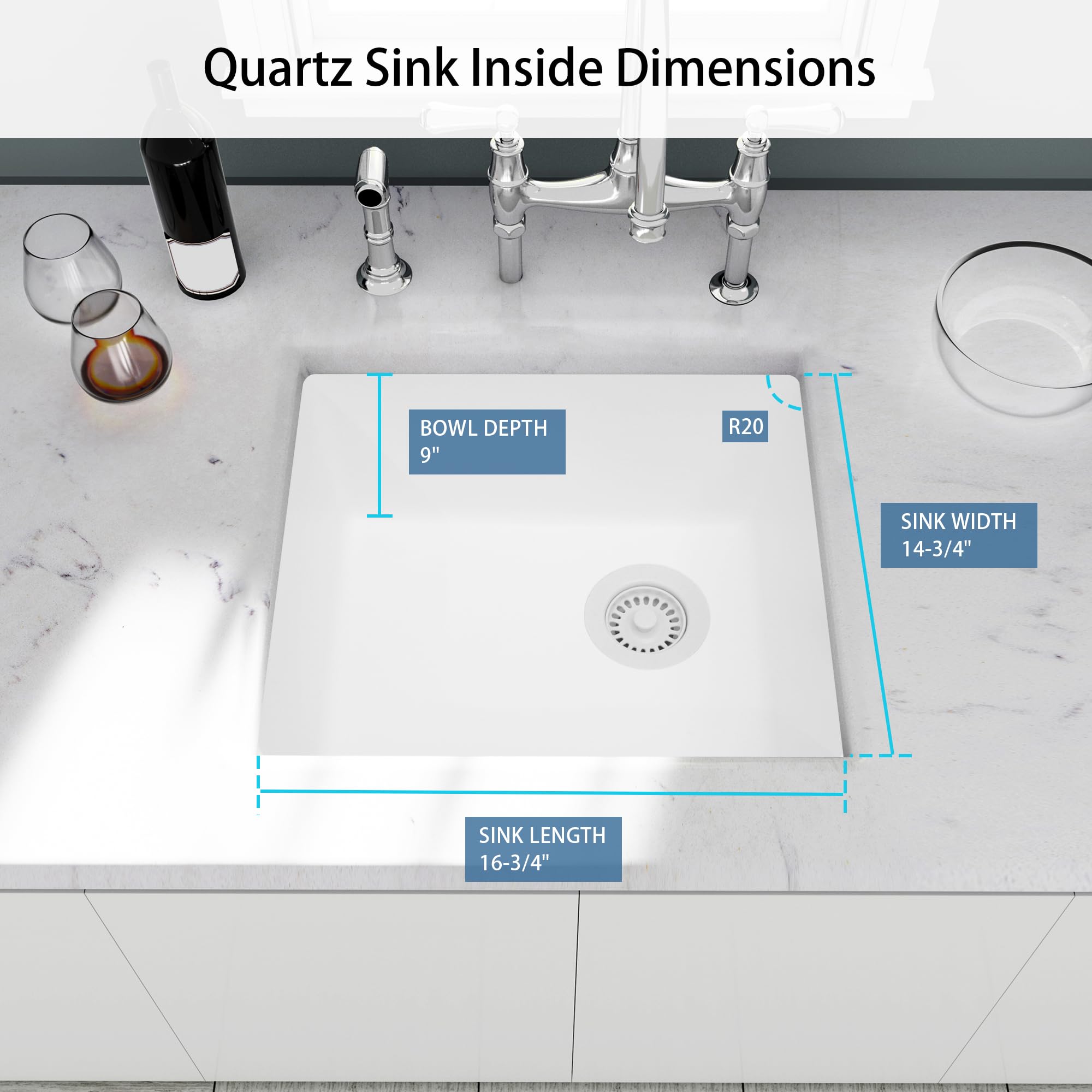 Monsinta Bar Sink,Bar Sink Undermount, 19'' X 17'' White Bar Sink, Undermount Kitchen Sink With Accessories, Quartz White Kitche