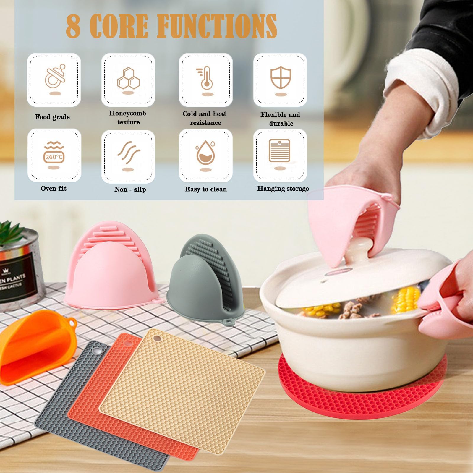 Auzla Silicone Trivet Pot Mat And Oven Mitts Sets | Heat Resistant Pot Holder And Mini Non-Slip & Flexible Oven Gloves For Kitch