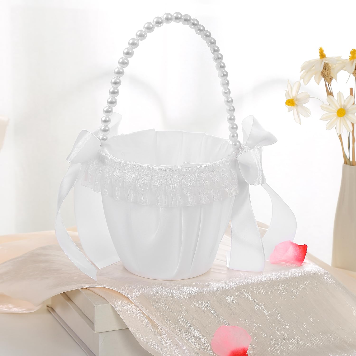 True Love Gift 2 Pcs Flower Girl Basket With Pearl Handle Flower Girl Baskets For Weddings