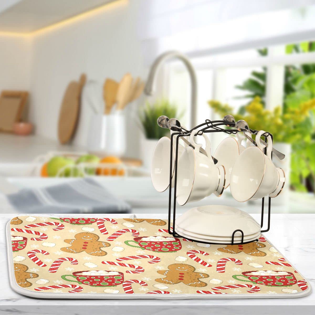Christmas Gingerbread Man Candy Cane Dish Drying Mat For Kitchen Winter Snow Snowflake Snowman Xmas Microfiber Drying Mats Absor