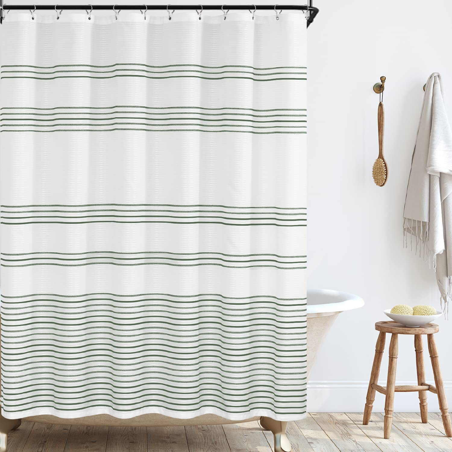 Jinchan White Shower Curtain With Green Stripes Fabric Shower Curtain For Bathroom Modern Striped Shower Curtain Spring Waterpro