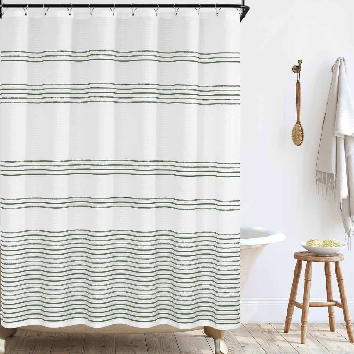 Jinchan White Shower Curtain With Green Stripe Fabric Shower Curtain For Bathroom Modern Striped Shower Curtain Winter Waterproo