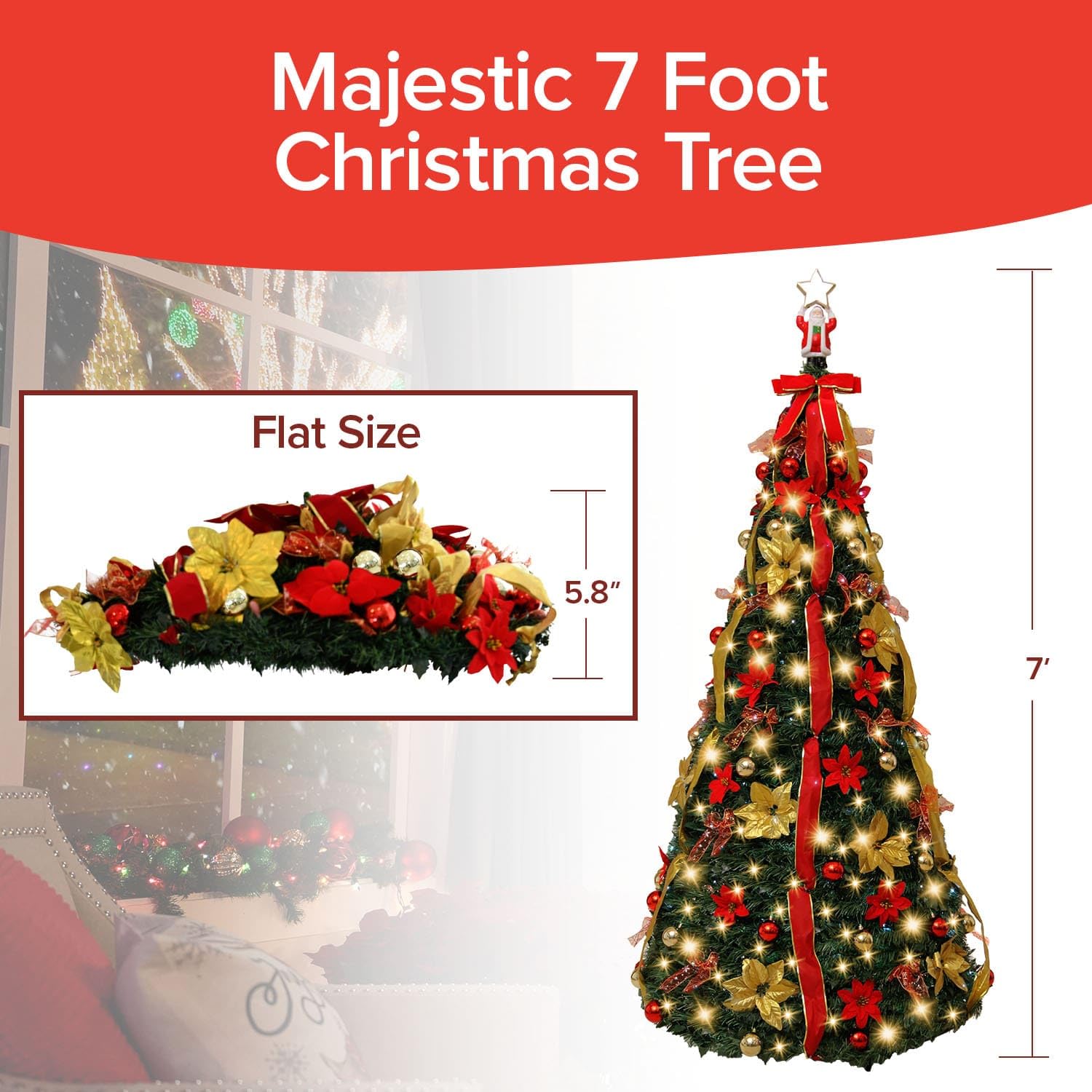 Superstar Santa Pop-Up Signature Series Christmas Tree, 7FT, Pre-Lit w/300 LED Lights, AS SEEN ON TV, Santa Topper Projects Nort