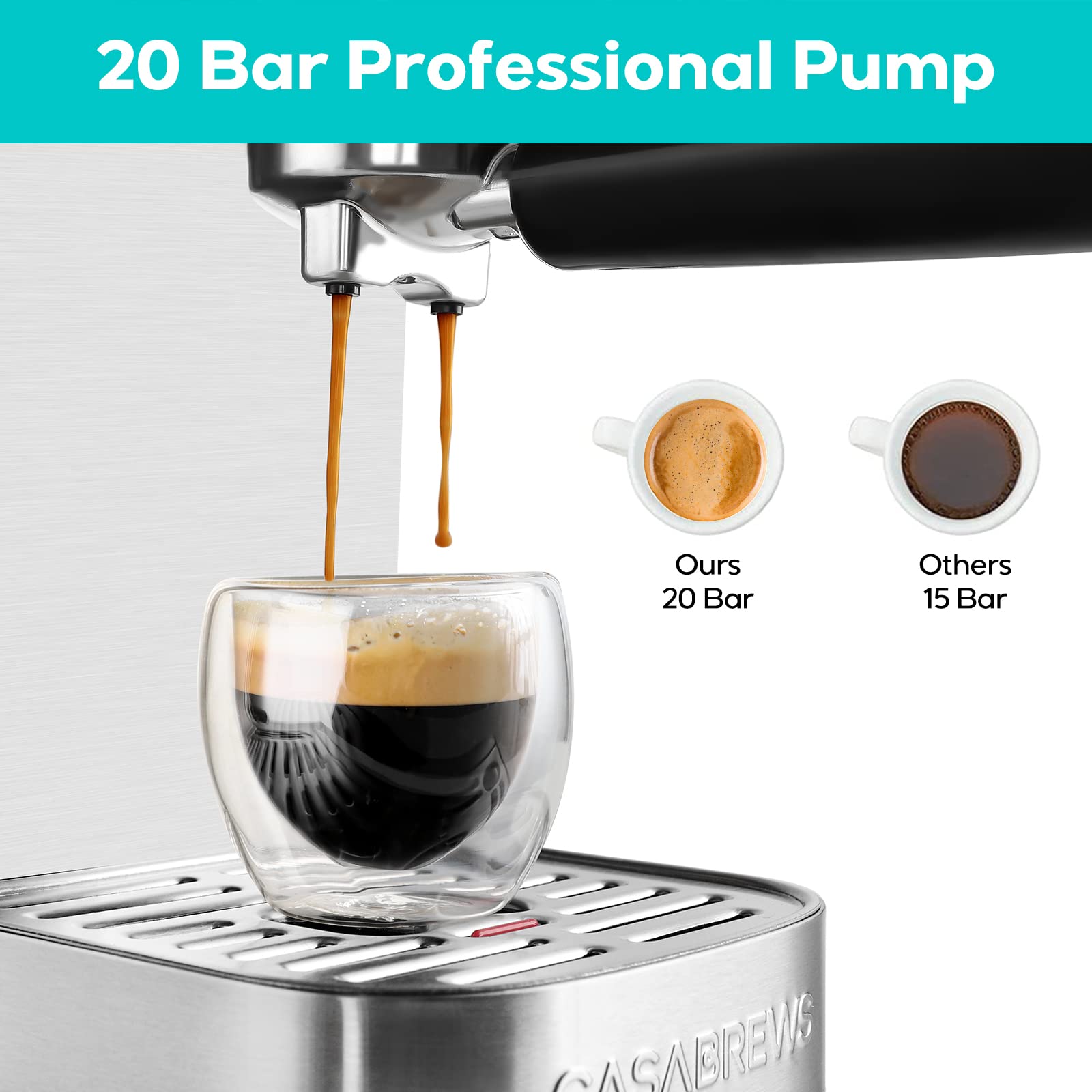 CASABREWS Espresso Machine 20 Bar  Professional Espresso Maker Cappuccino Machine with Steam Milk Frother  Stainless Steel Espresso Coffee Machine with 49oz Removable Water Tank  Gift for Dad Mom