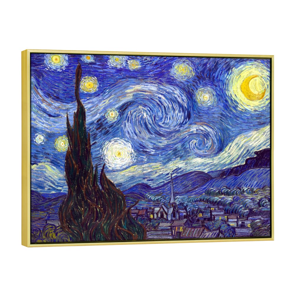 Wieco Art Framed Wall Art Giclee Canvas Prints Of Starry Night By Van Gogh Paintings Reproduction Post Impressionism Artwork Fra