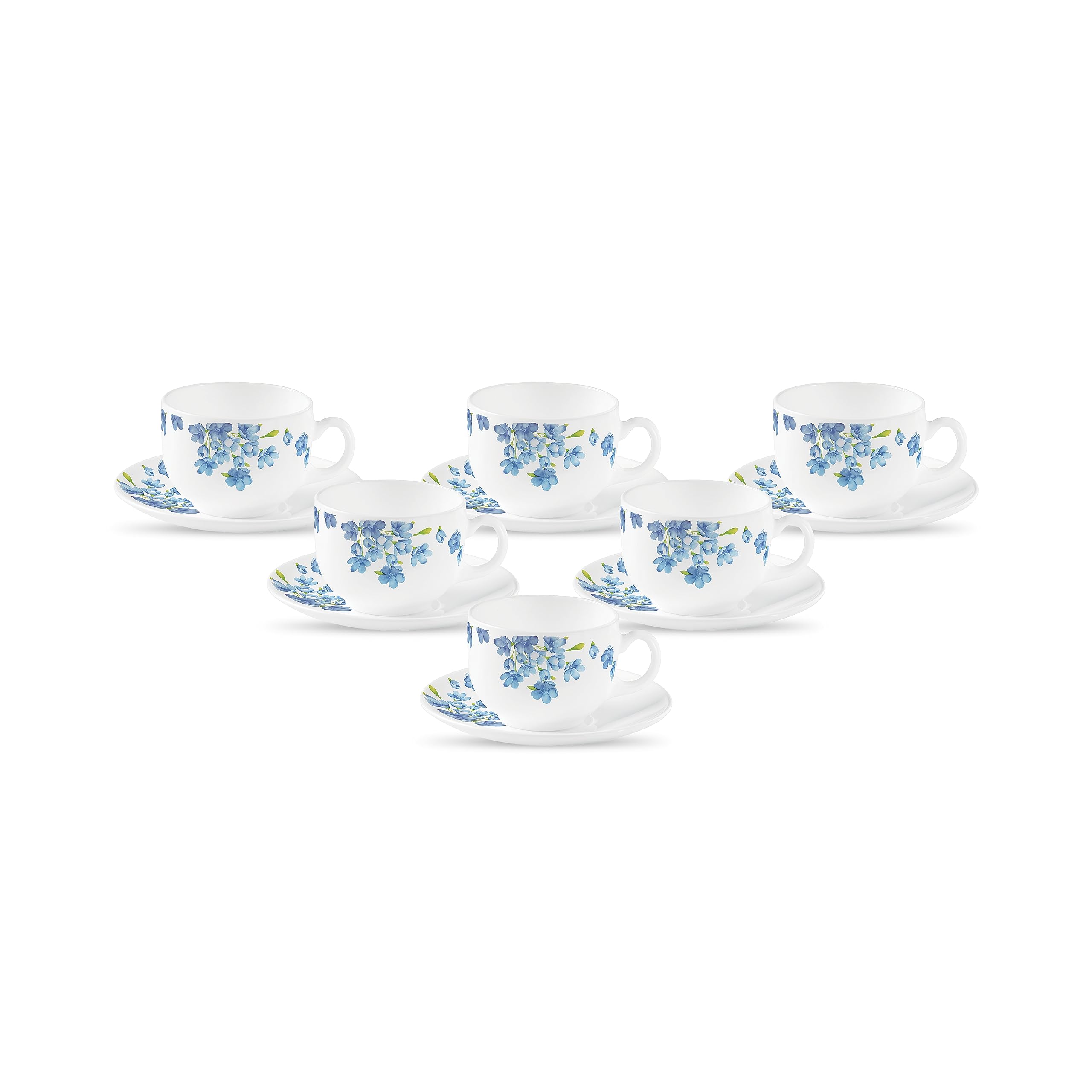 La Opala Diva, Opal Glass Crockery | Coffee Cup & Saucer Iris, Set Of 12 | Aster Blue, 100 Ml | For Tea & Coffee | Microwave Saf
