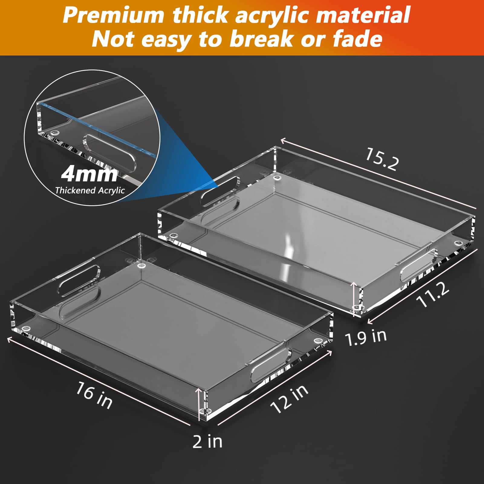 2 Pack Serving Tray With Handles, Clear Acrylic Tray For Serving Food, Large Outdoor Food Trays For Eating, Lucite Acrylic Trays
