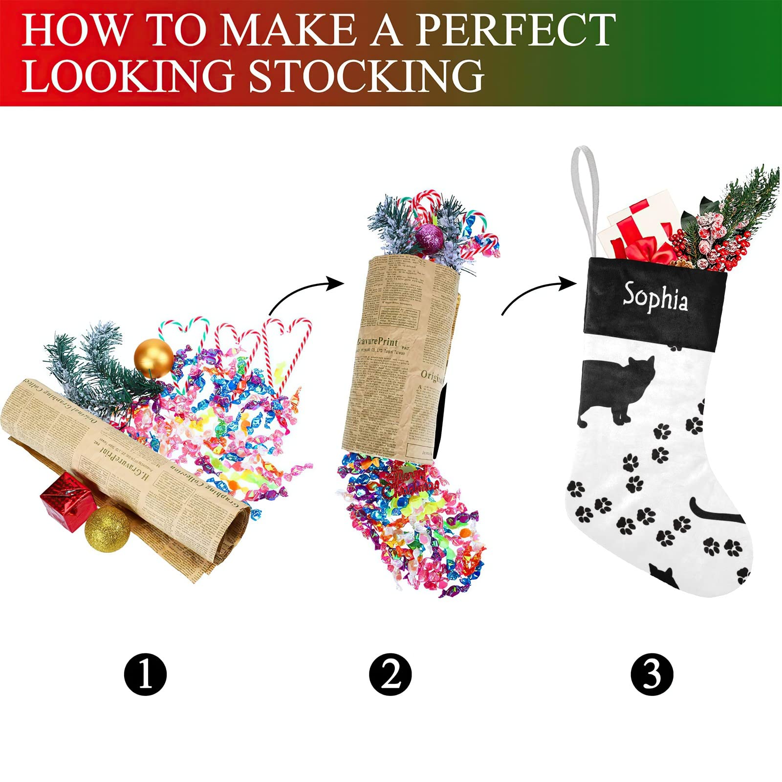 SunFancyCustom Black White Cat Paw Personalized Christmas Stockings with Name Custom Xmas Gift Fleece Holiday Decoration Gift 17