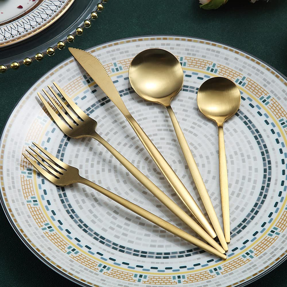 Matte Gold Silverware Set 40 Pieces, Stainless Steel Golden Flatware Set, Titanium Plating Cutlery Set, Matte Gold Utensil Sets,